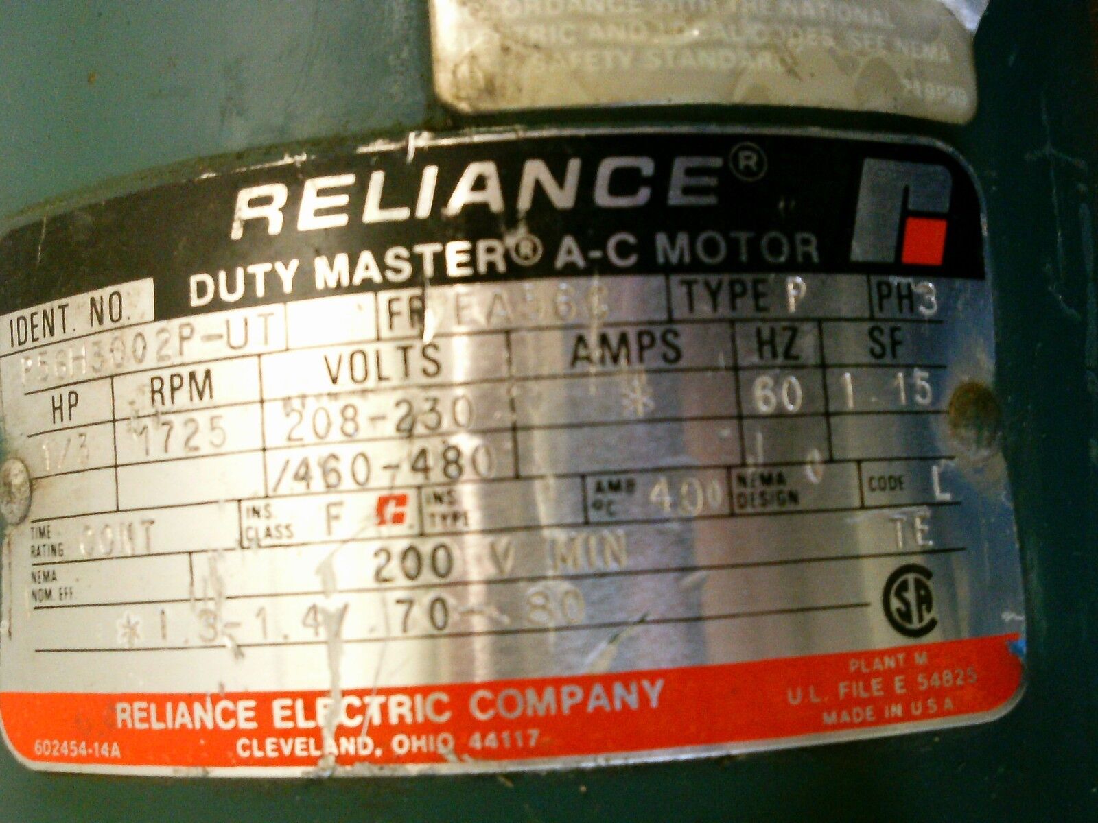 Reliance Duty Master AC Motor P56H3002P-UT 1/3HP 1800RPM 208-230/460-480V Used