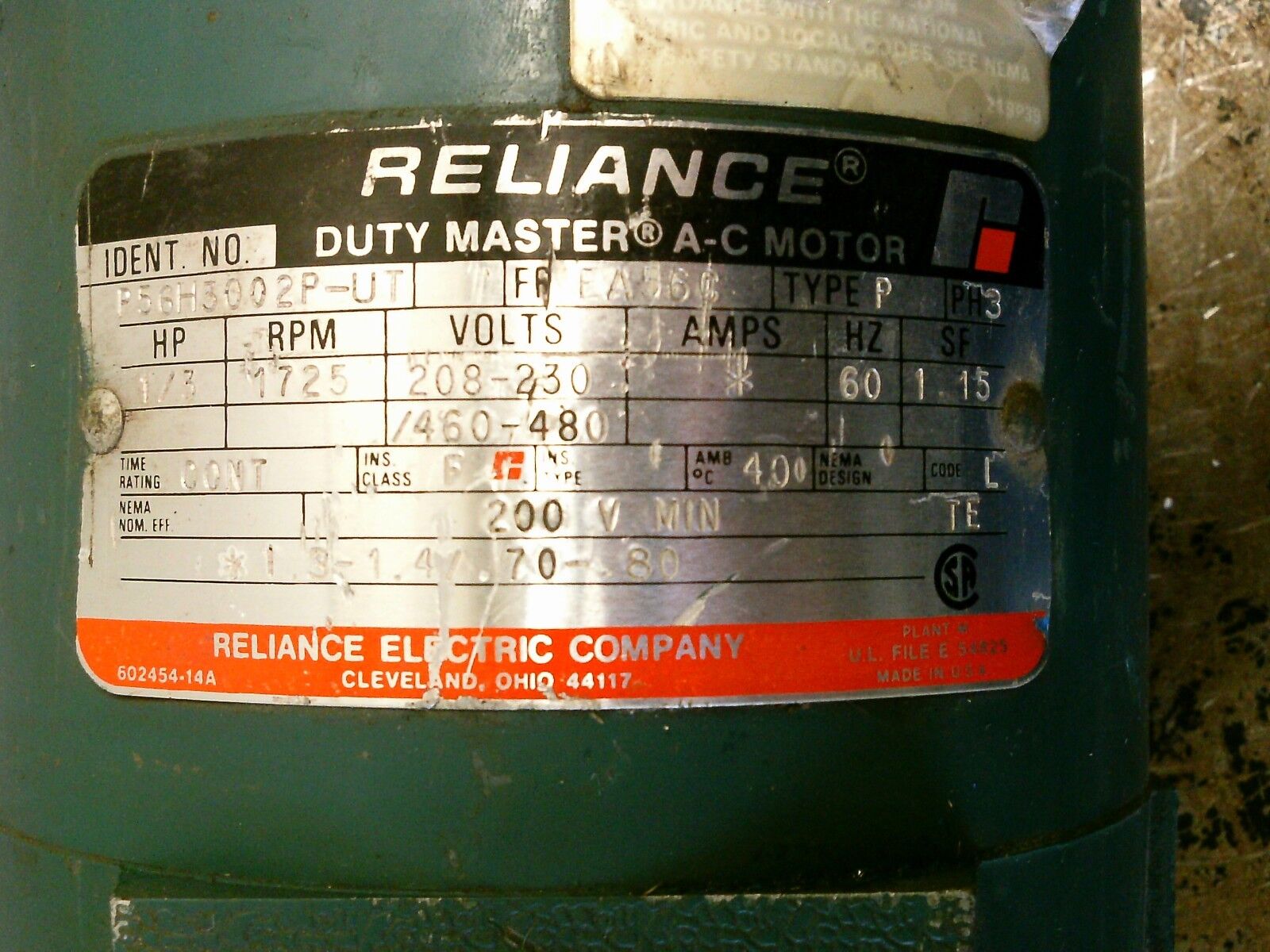 Reliance Duty Master AC Motor P56H3002P-UT 1/3HP 1800RPM 208-230/460-480V Used