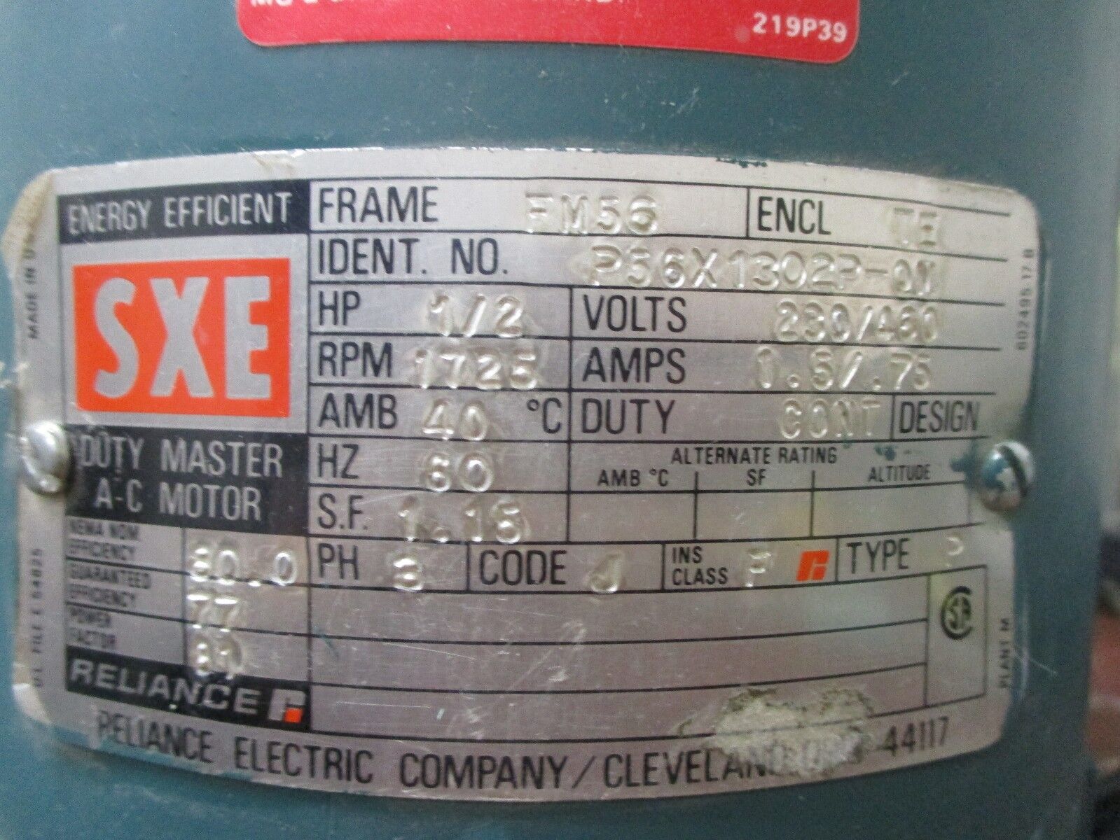 Reliance AC Motor P56X1302P-0M 1/2HP 1800RPM 230/460V 1.5/.75A Fr: FM56 Encl:TE