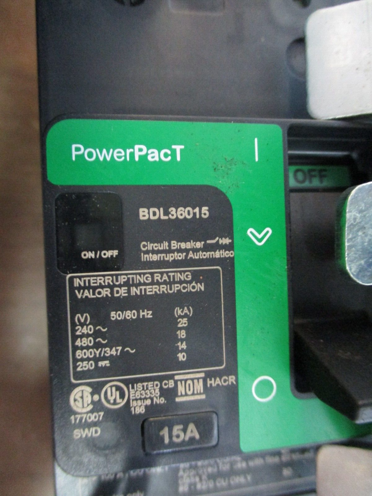 Schneider Electric PowerPact Breaker Disconnect BDL36015 15A 600V 3P Used