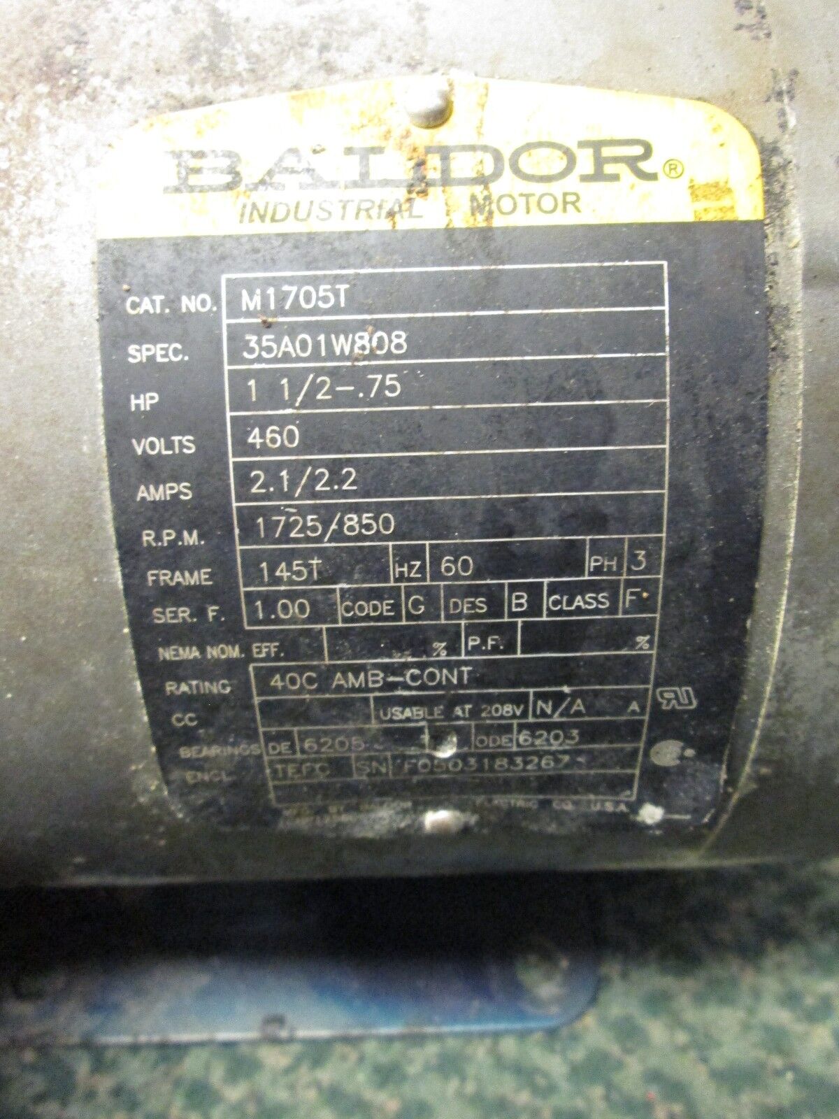 Baldor AC Motor M1705T 1.5-0.75HP 1725/850RPM 460V 2.1/2.2A 60Hz 3Ph Used