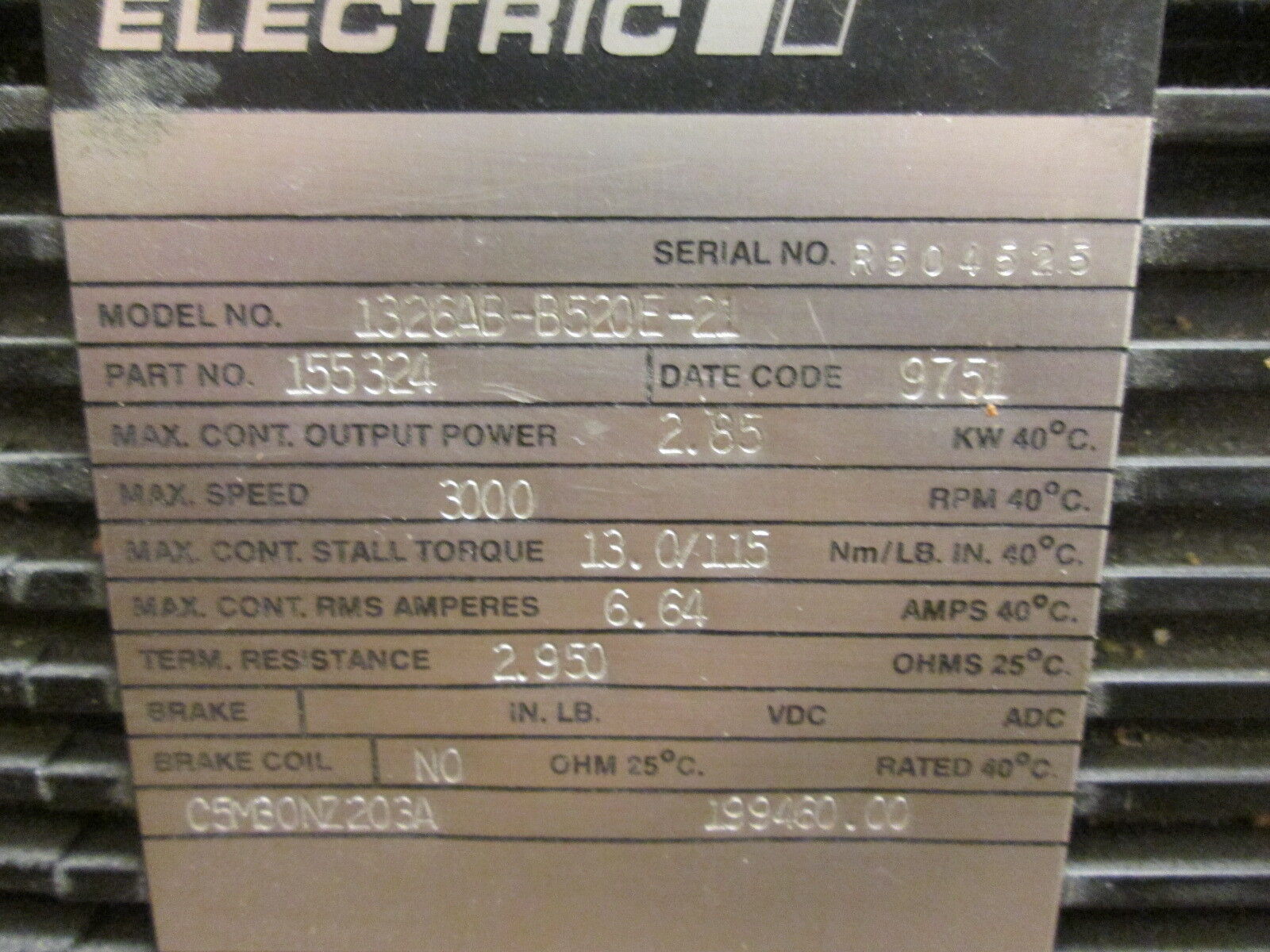 Reliance Electro-Craft Servo Motor 1326AB-B520E-21 2.85KW 3000RPM 6.64A, Used