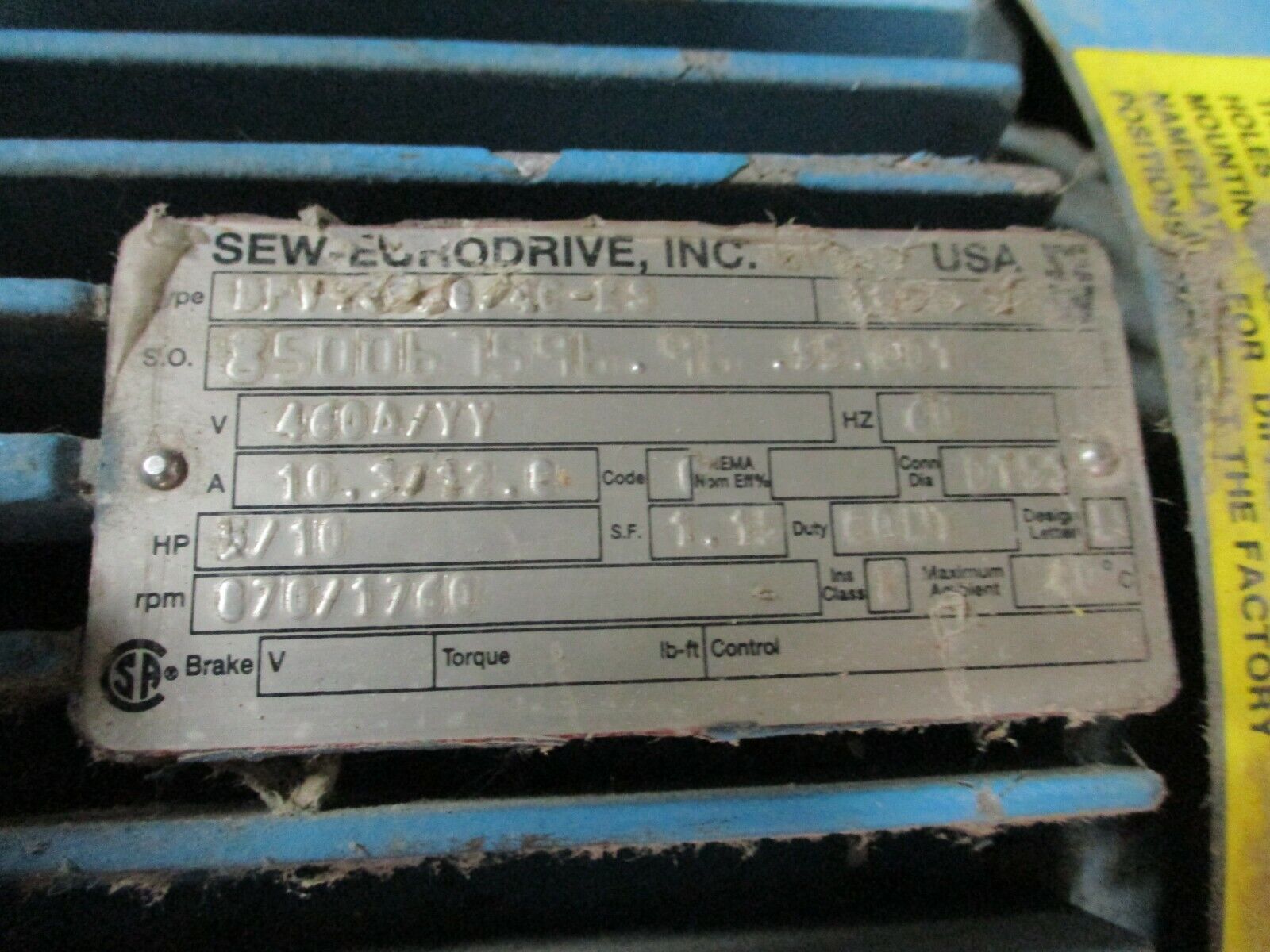 Sew-Eurodrive Severe-Duty AC Motor DFV16958.24C-KS 10HP 1800RPM Used