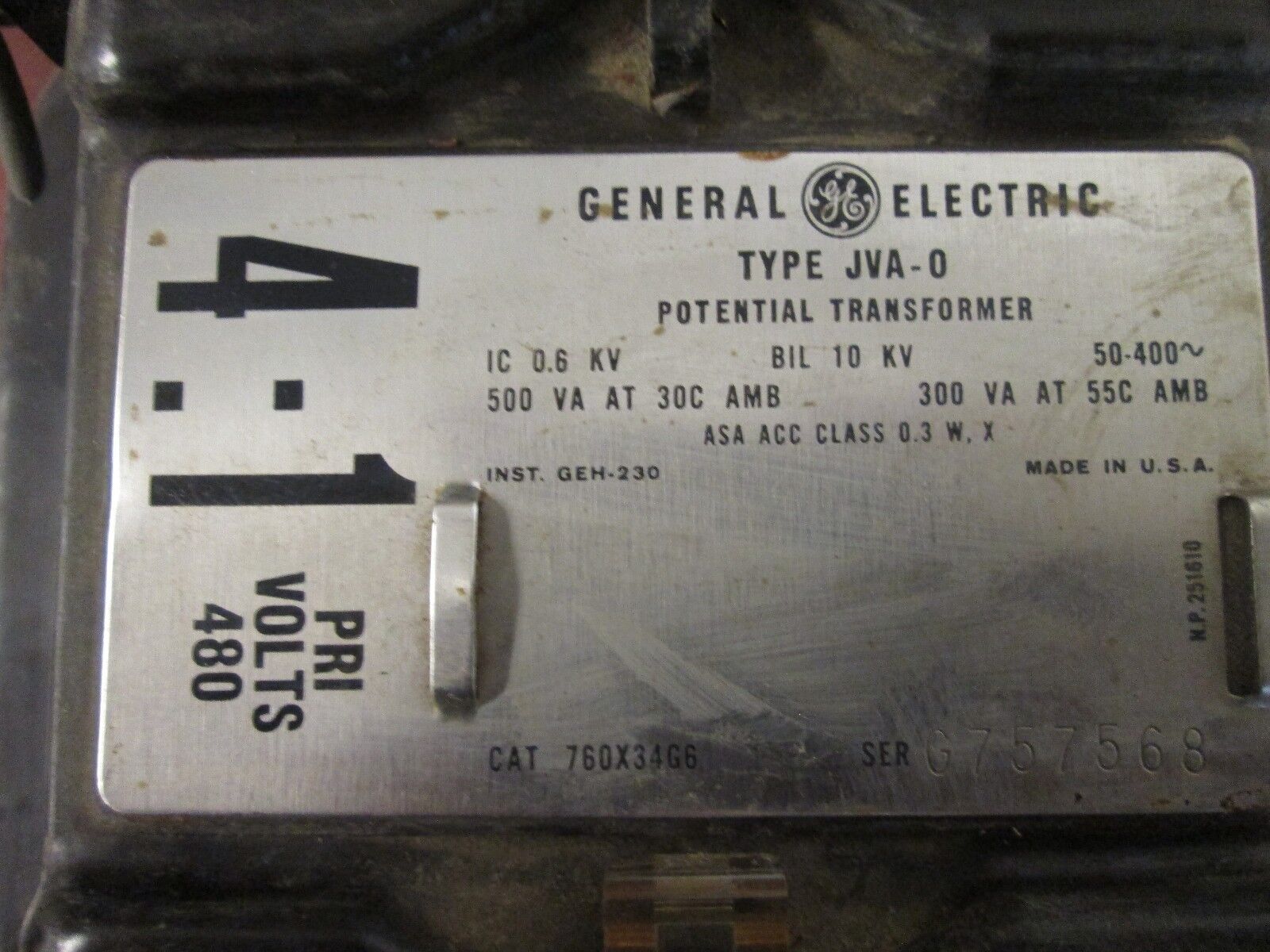 GE Type JVA-0 Potential Transformer 760X34G6 Ratio 4:1 Pri 480V 10KV BIL Used