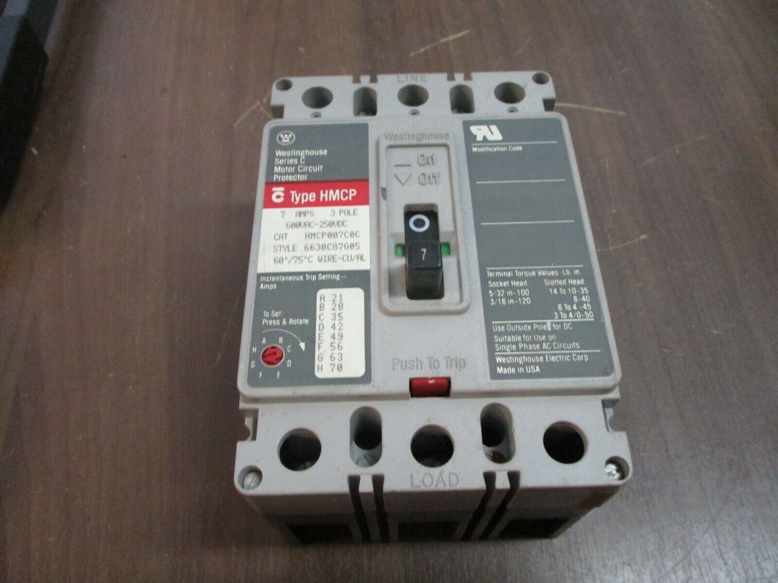 Westinghouse Circuit Breaker HMCP007C0C 7A 600V 3P Used