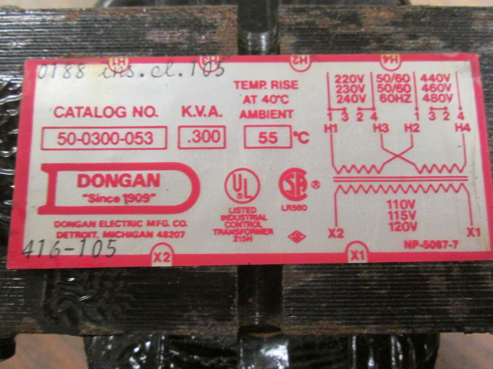 Dongan Control Transformer 50-0300-053 0.300KVA Pri: 240/480V Sec: 120V Used