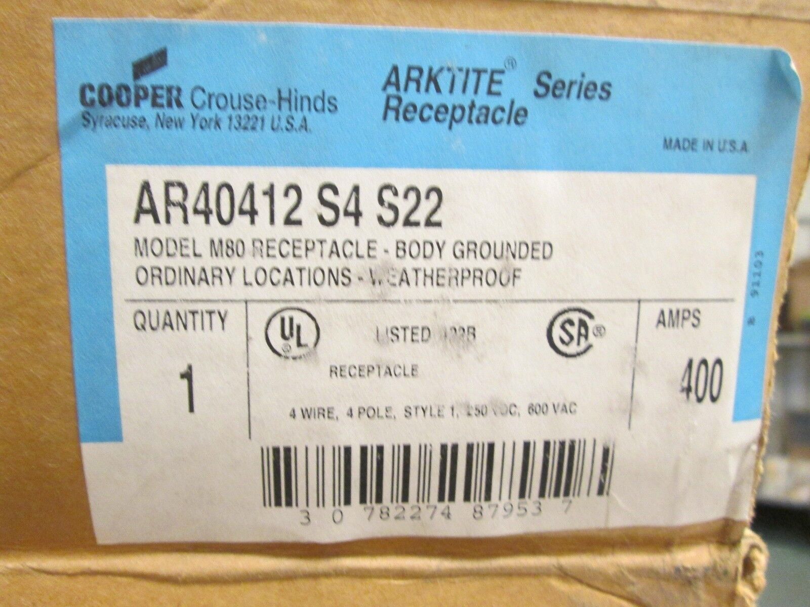 Crouse-Hinds Arktite Receptacle AR40412 S4 S22 400A 4P 4W S22-Reverse Contacts