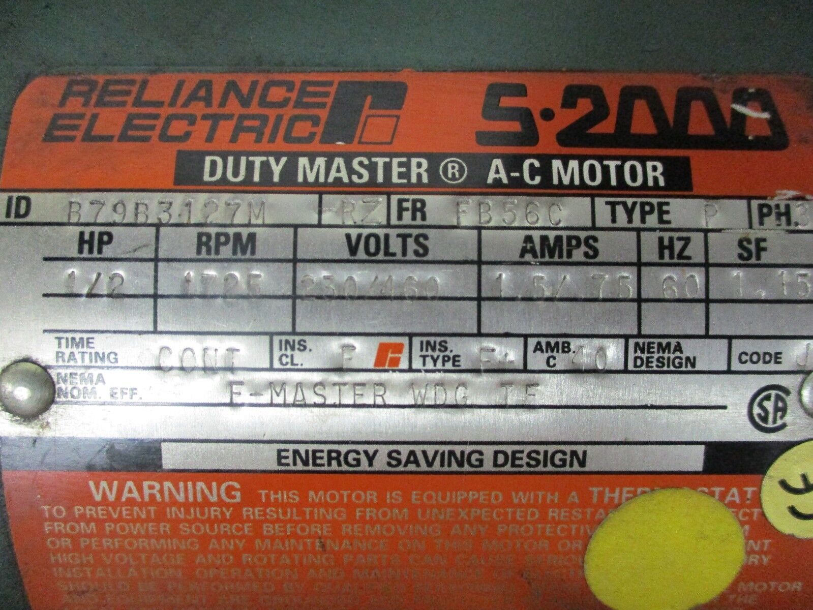 Reliance Duty Master AC Motor w/ Gear B79B3427M-RZ 1/2HP 1800RPM FR: FB56C Used