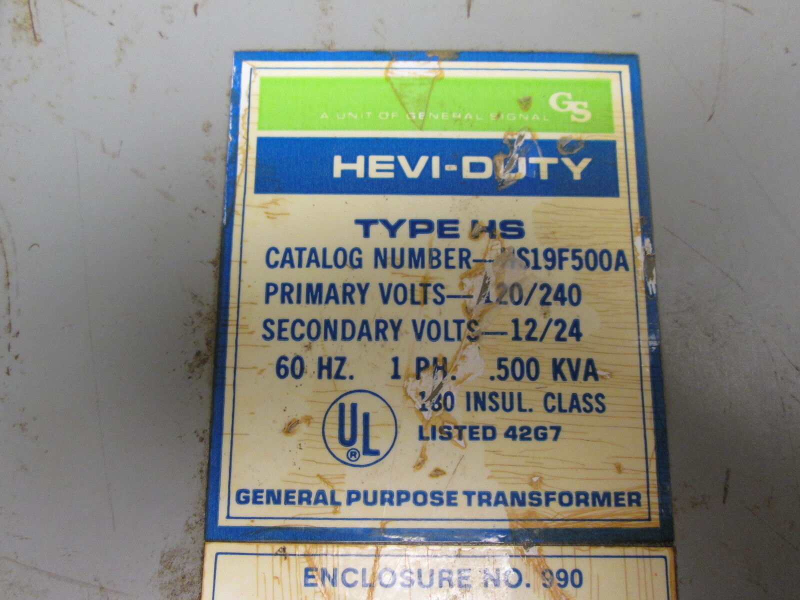 Hevi-Duty Type HS Transformer HS19F500A 0.500KVA Pri:120/240V Sec:12/24V 1Ph