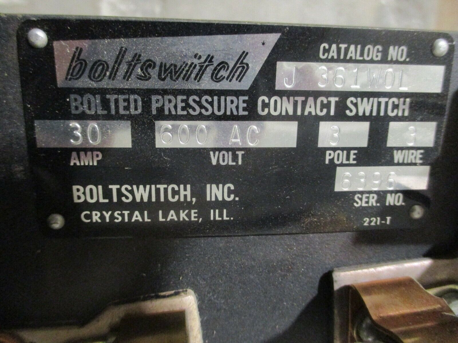 Boltswitch Bolted Pressure Contact Switch J 361WOL 30A 600V 3P 3W 30A Fuses Used