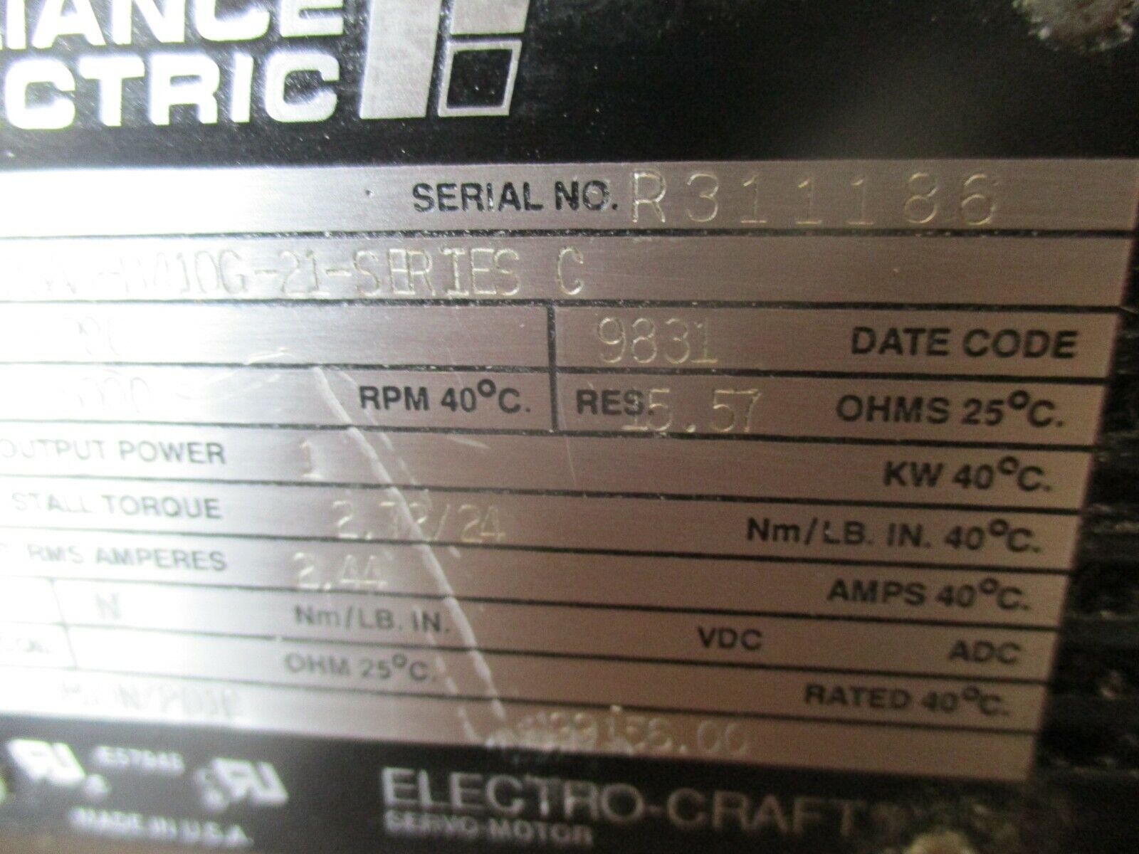 Reliance Electro-Craft AC Servo Motor 1326AB-B410G-21 Ser. C 1KW 5000RPM Used