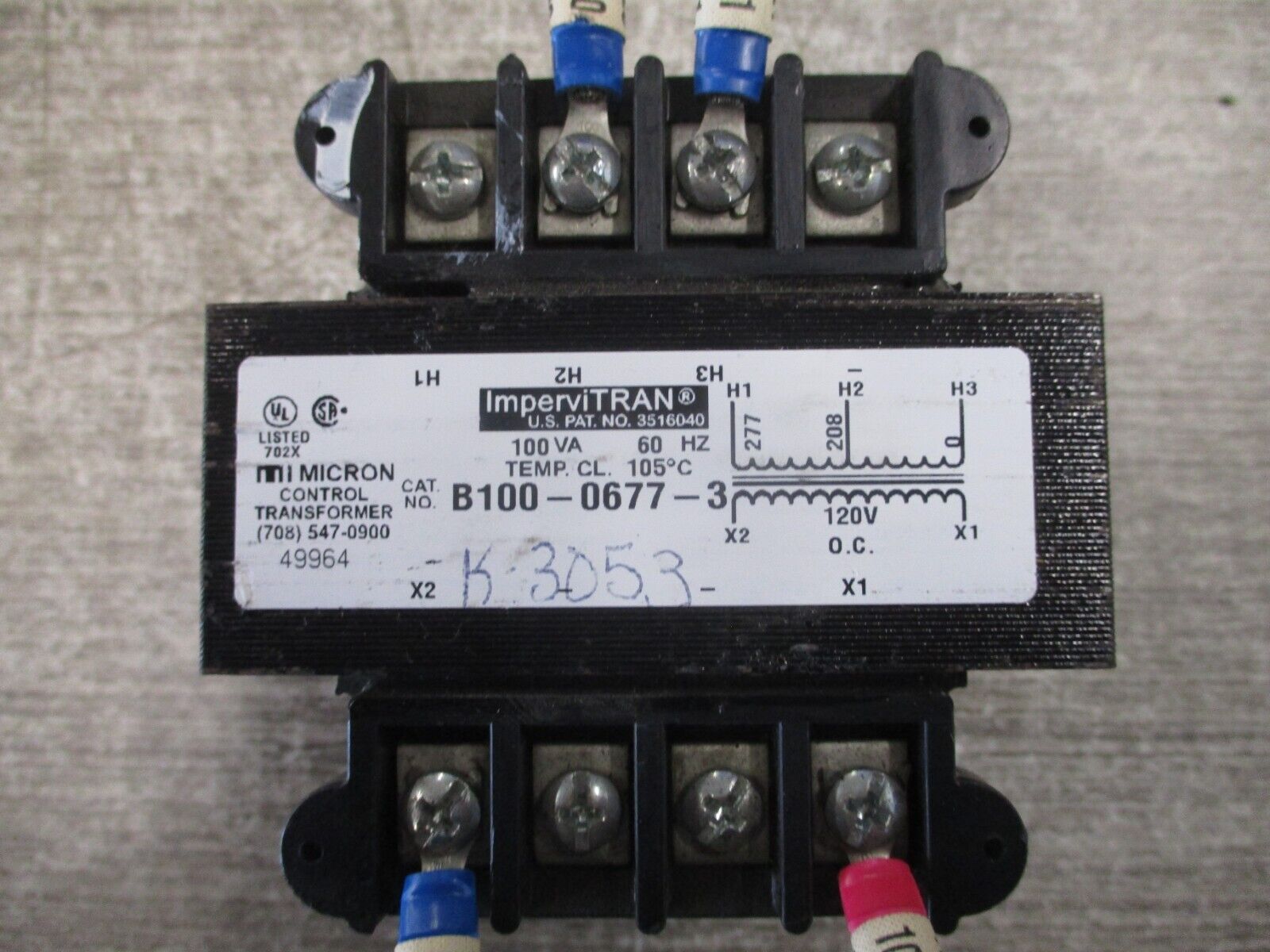 Micron ImperviTRAN Control Transformer B100-0677-3 100VA Pri: 208/277V SEC: 120V