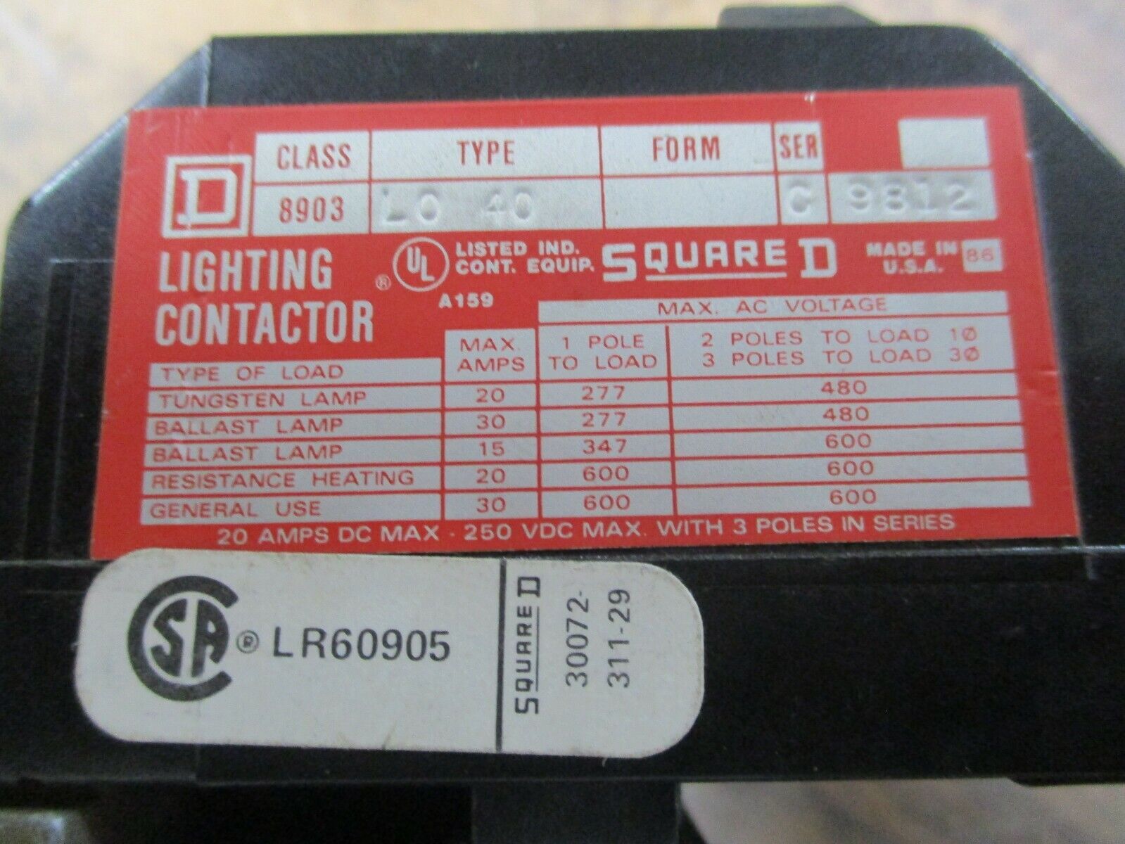 Square D Lighting Contactor 8903 L0 40 120V Coil 20A 250VDC Used