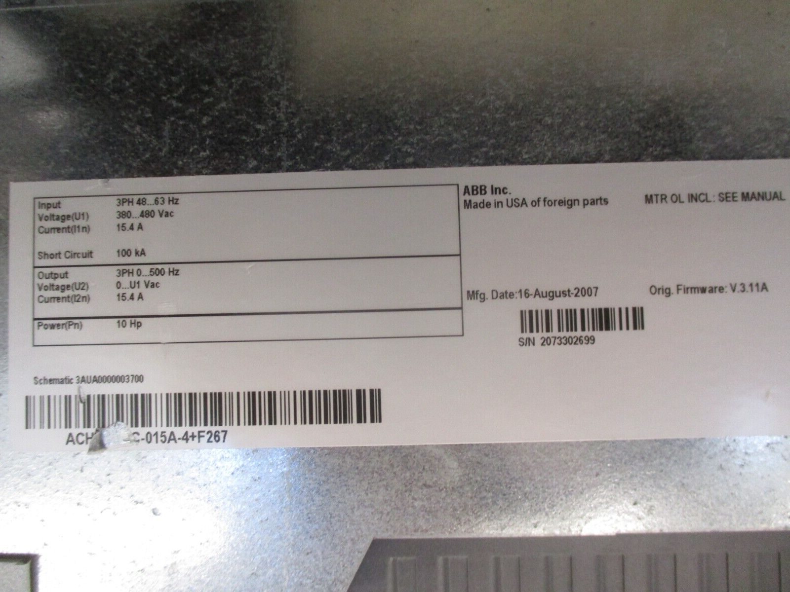 ABB ACH550 AC Drive W/Bypass ACH550-UC-015A-4+F267 10HP 3Ph