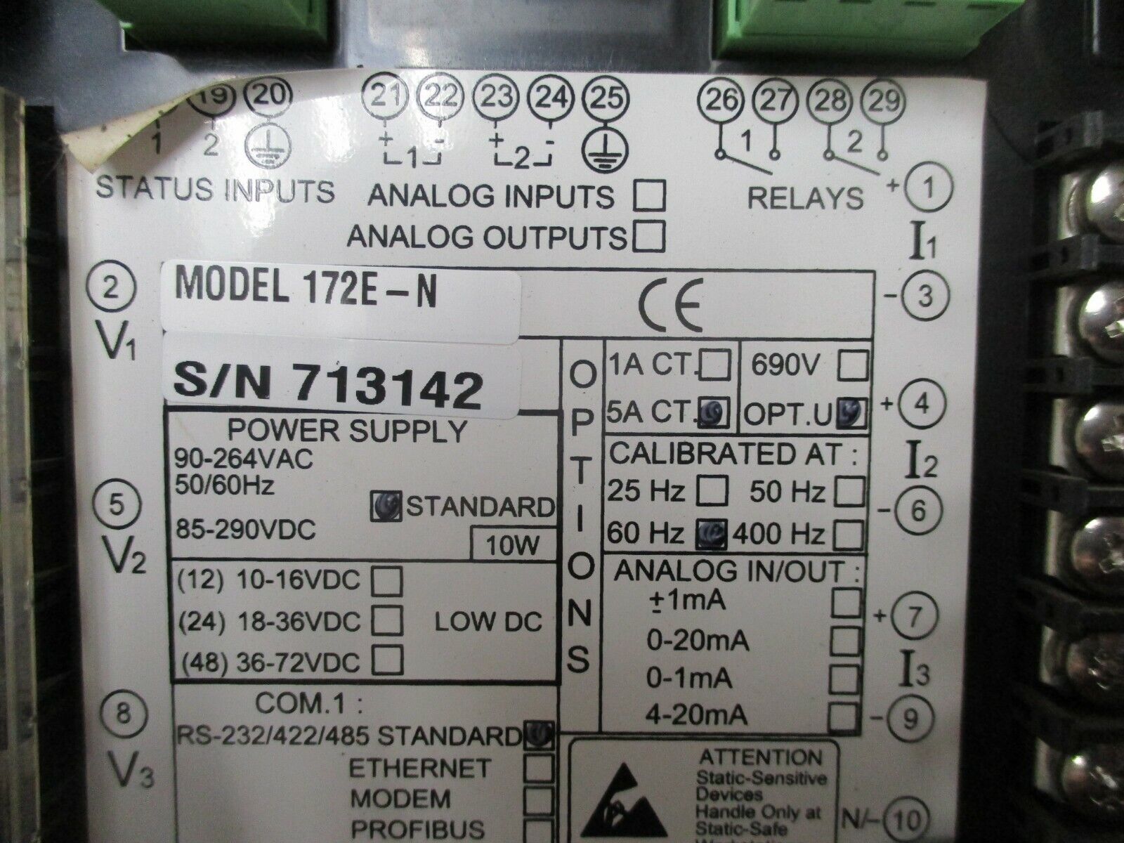 Satec Power Analyzer 172E-N / PM172E 90-264VAC 50/60Hz 85-290VDC Used