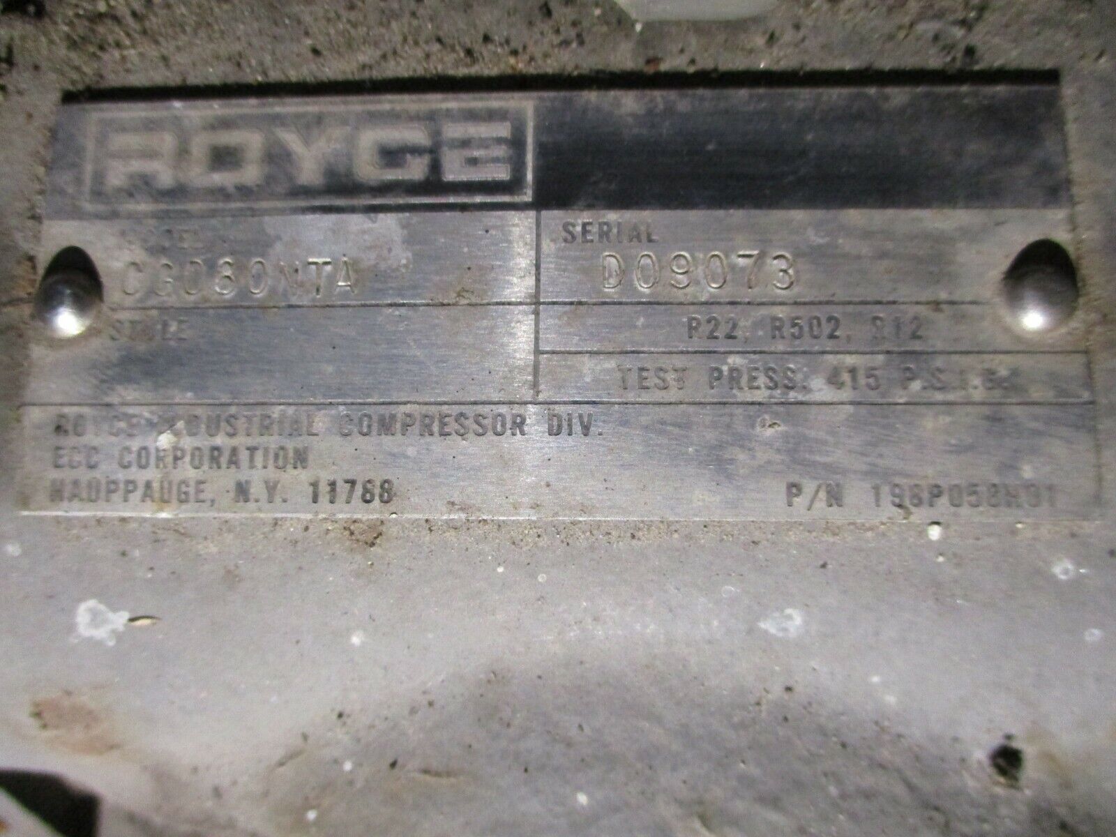 Royce CG080NTA Compressor 198P058H01 6-Cylinder Used