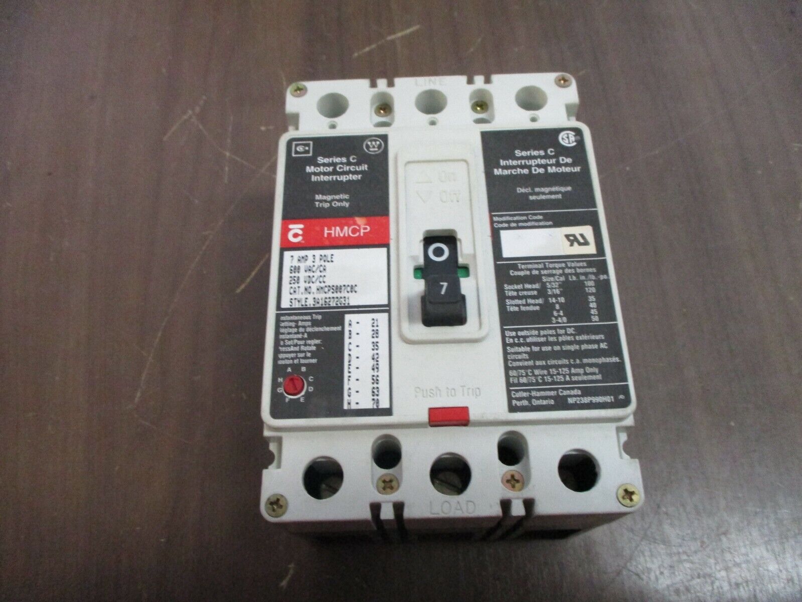 Cutler-Hammer Circuit Breaker HMCPS007C0C 7A 600V 3P Used