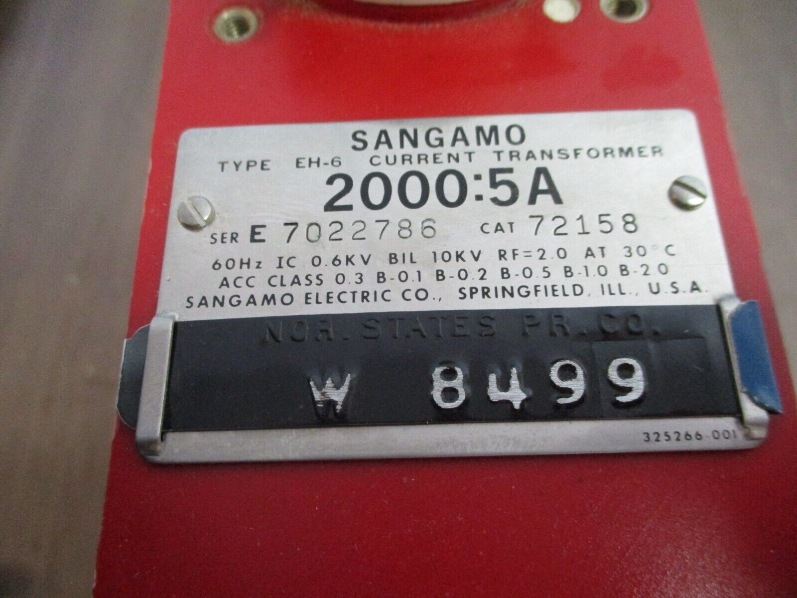 Sangamo EH-6 Current Transformer 72158 Ratio 2000:5A 600V 60Hz 10kV BIL Used