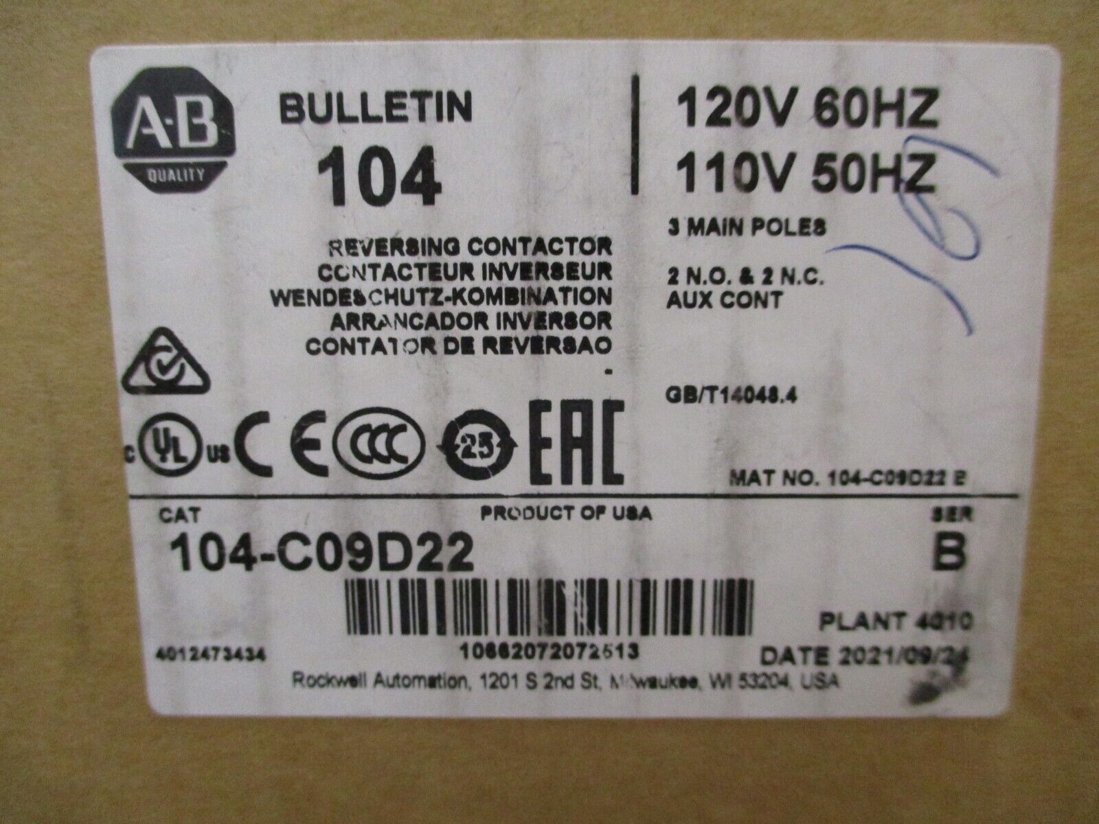 Allen-Bradley Reversing Contactor 104-C09D22 Ser. B 120V Coil New Surplus