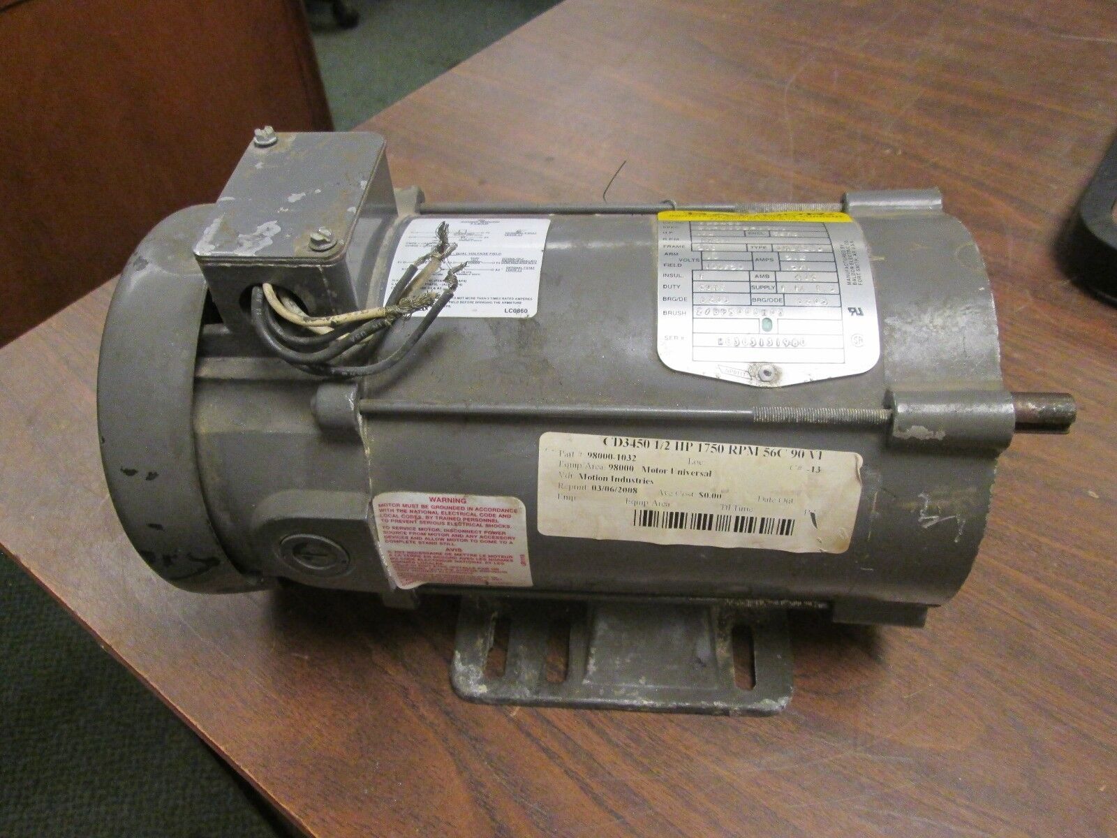 Baldor DC Motor CD3450 0.5HP 1750RPM 56C Frame ARM:90V 5.2A Field:100/50V 0.5/1A