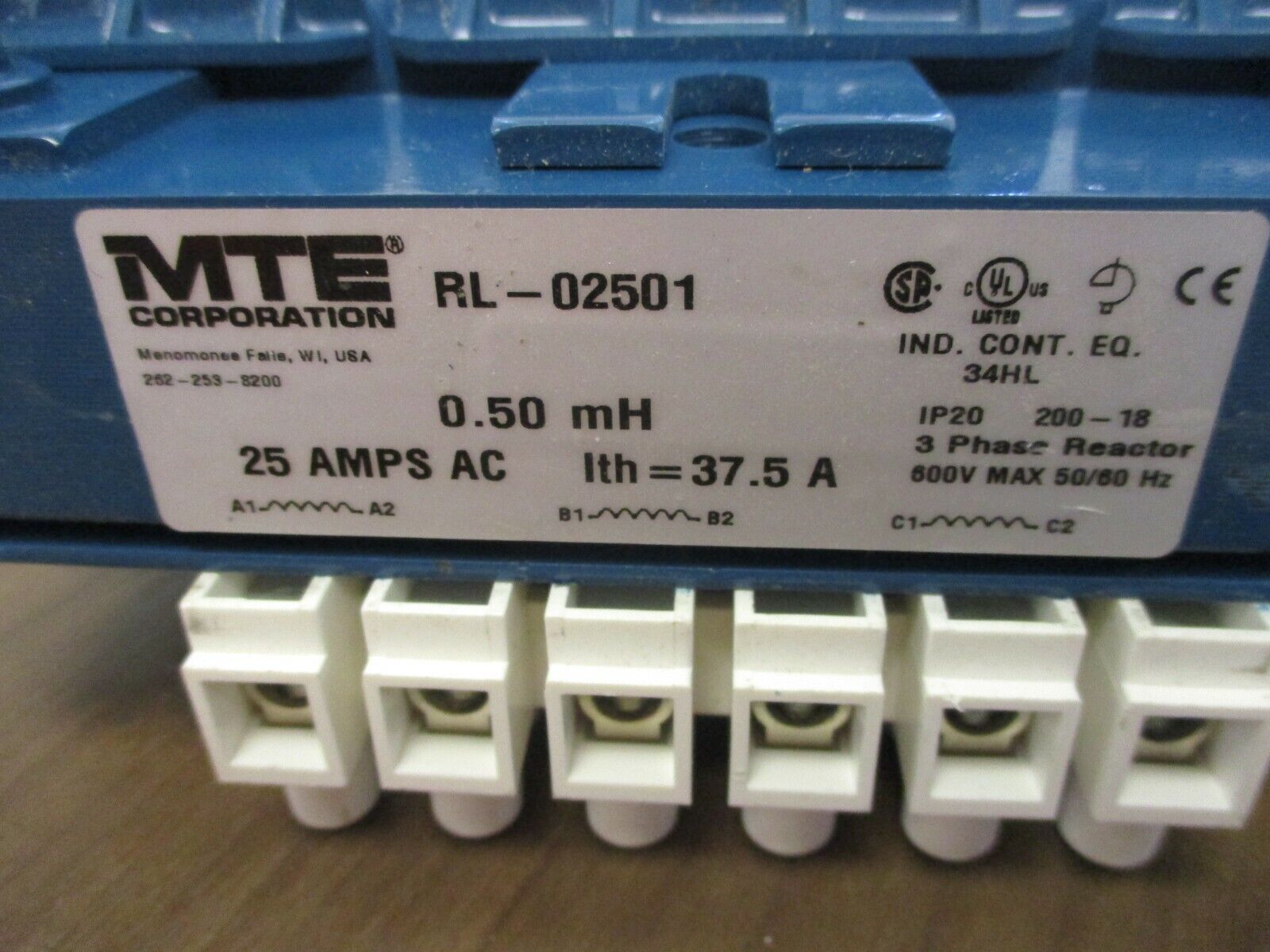 MTE 3 Phase Line Reactor RL-02501 0.50mH 25A 600V 50/60Hz Used