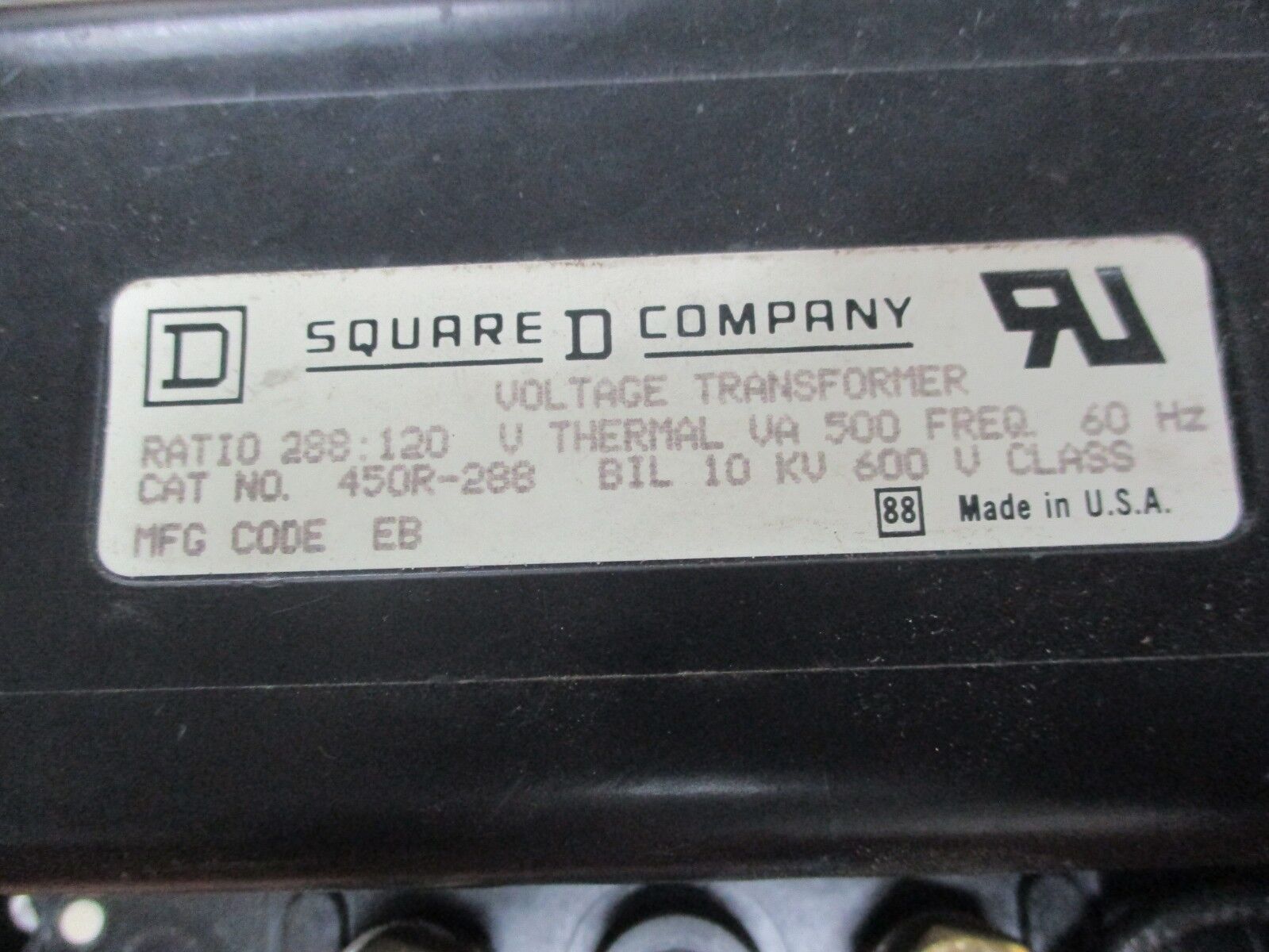 Square D Voltage Transformer 450R-288 Ratio 288:210V 750VA, 600V, Used