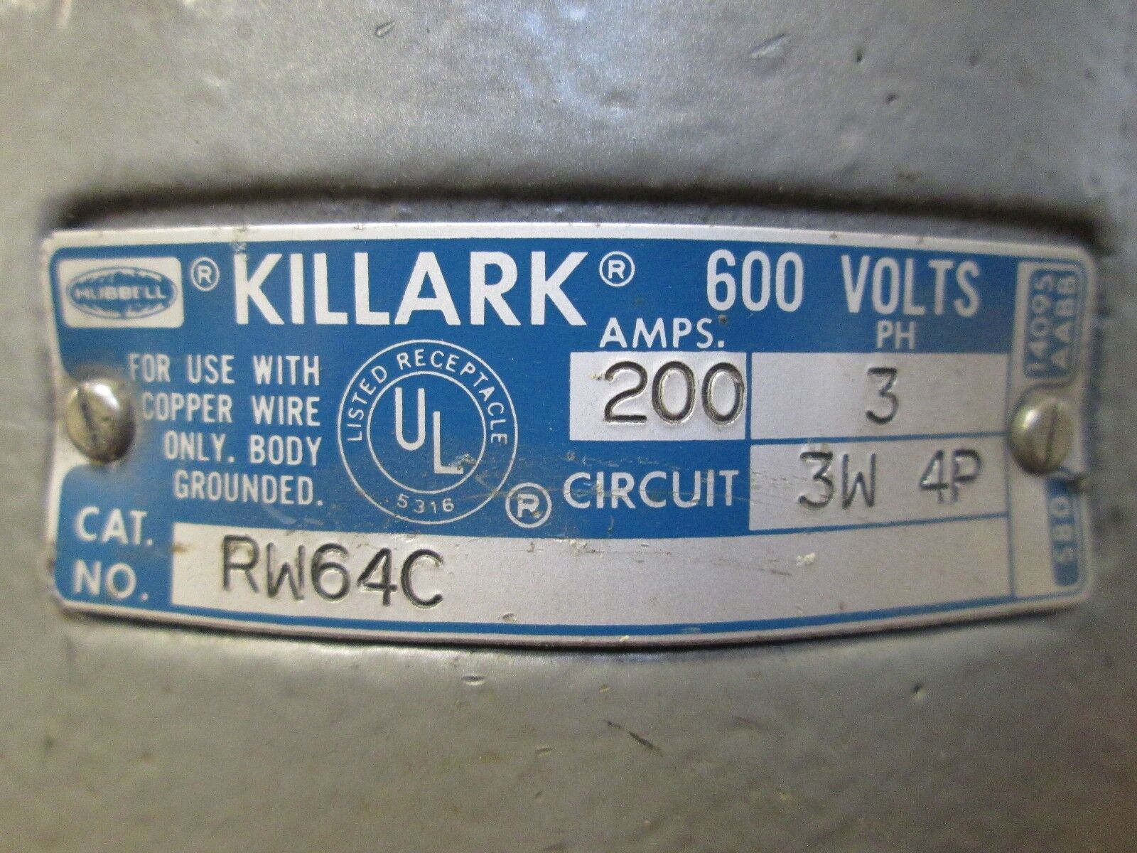 Killark Receptacle RW64C 200A 600V 3W 4P Used