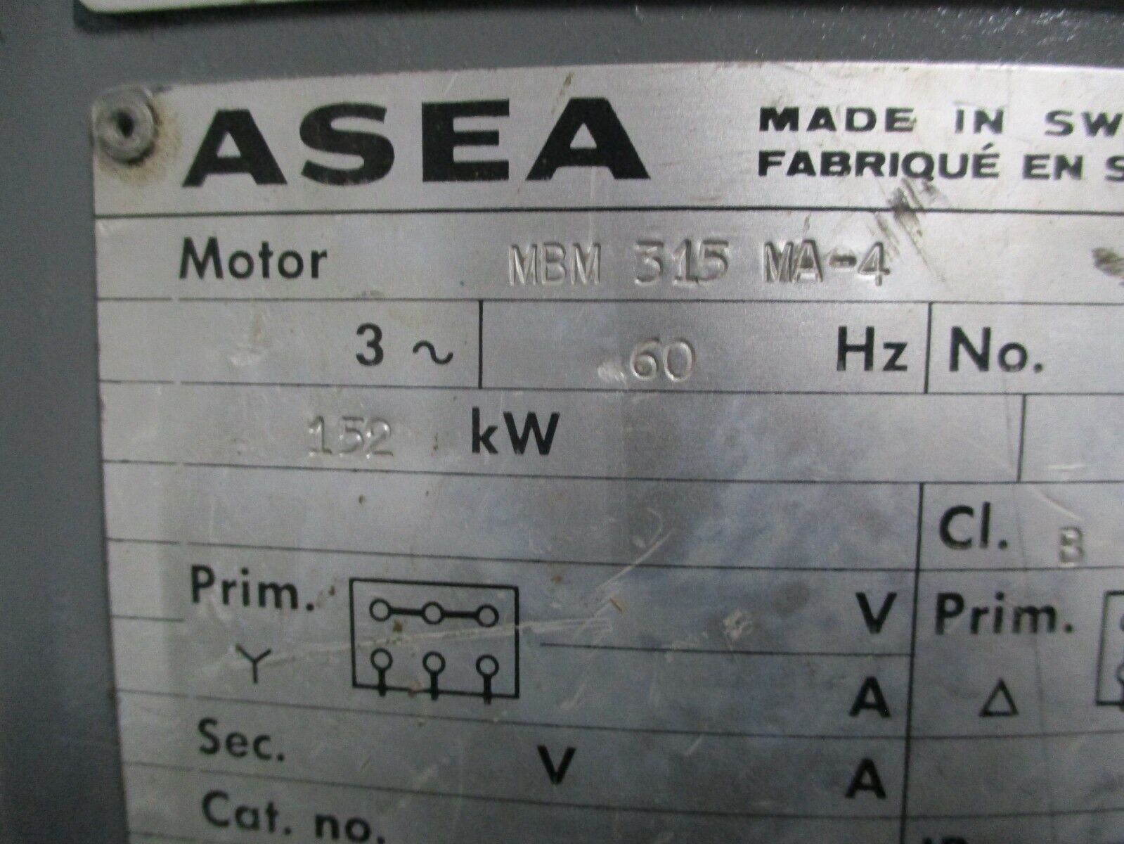 ASEA AC Motor MBM 315 MA-4 200HP 1800RPM FR: IEC 34-1 460V 235A 60Hz Used