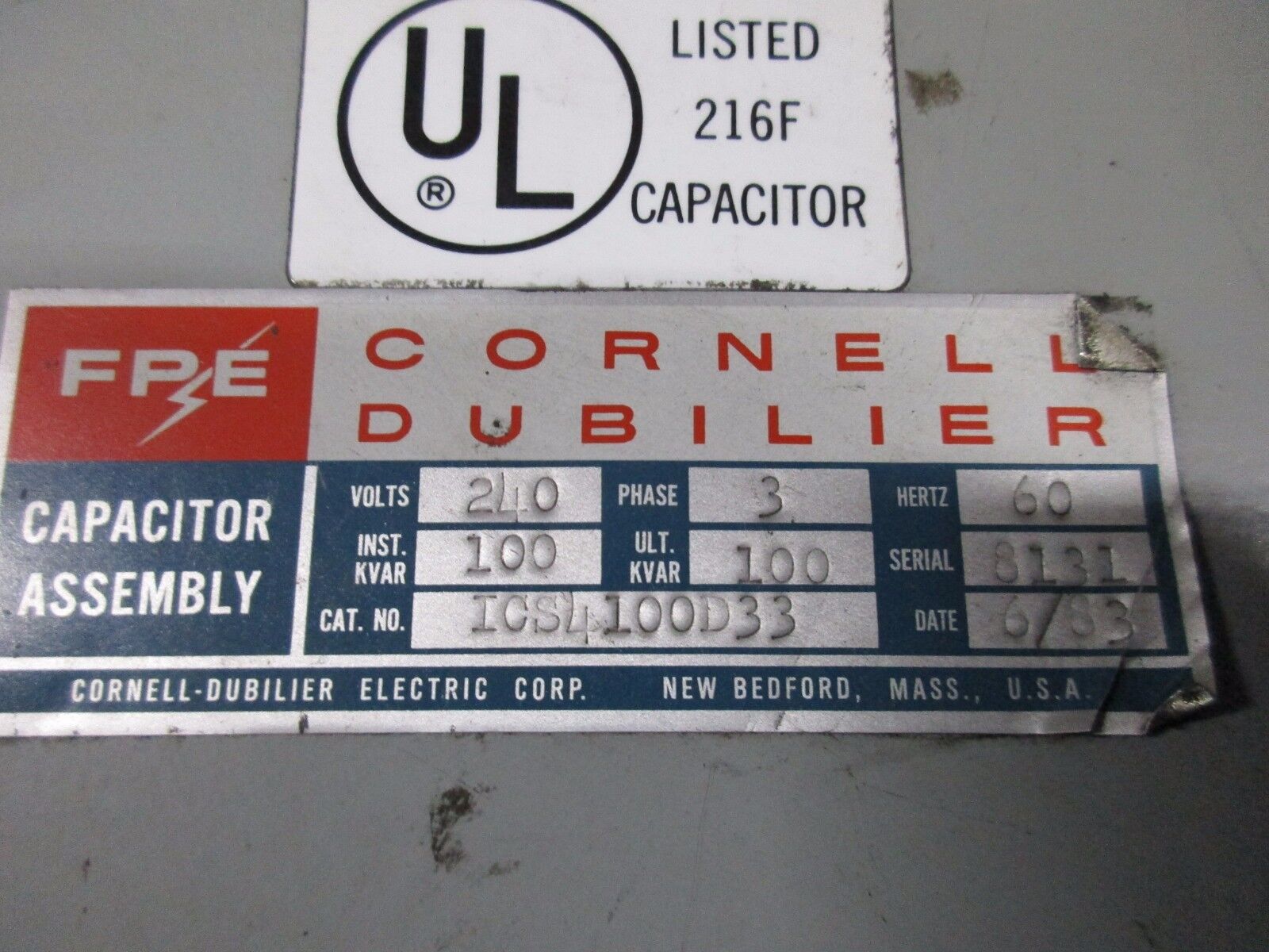 FPE/Cornell Dubilier Capacitor w/ Disconnect ICS4100D33 100 KVAR 240V 3Ph Used