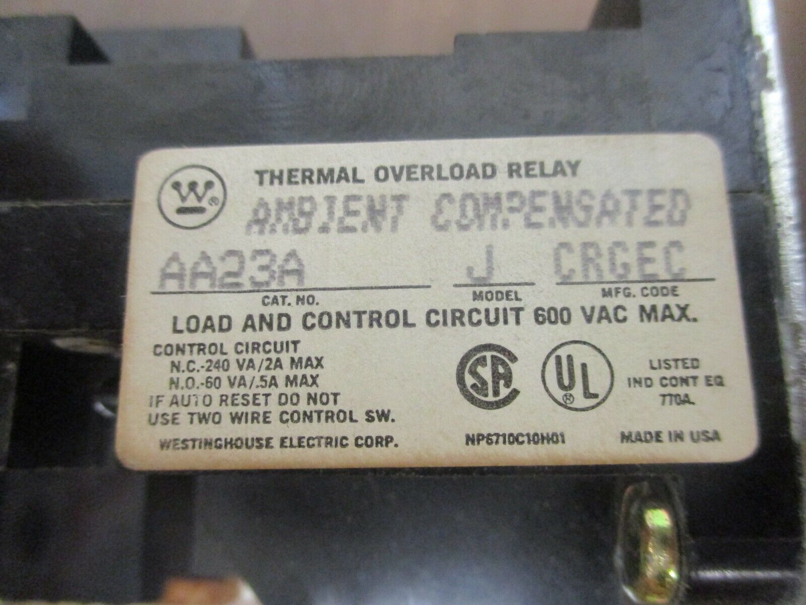 Westinghouse Overload AA23A 3P 600V Used