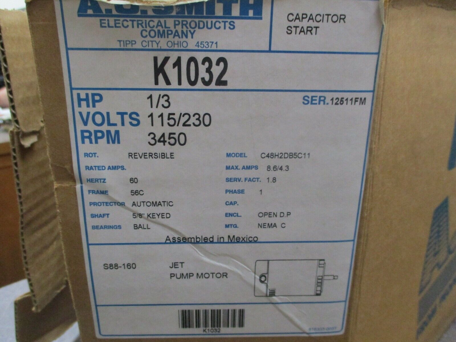 A.O.Smith AC Motor K1032 1/3HP 3500RPM FR: 56C 115/230V 8.6/4.3A 1Ph New Surplus