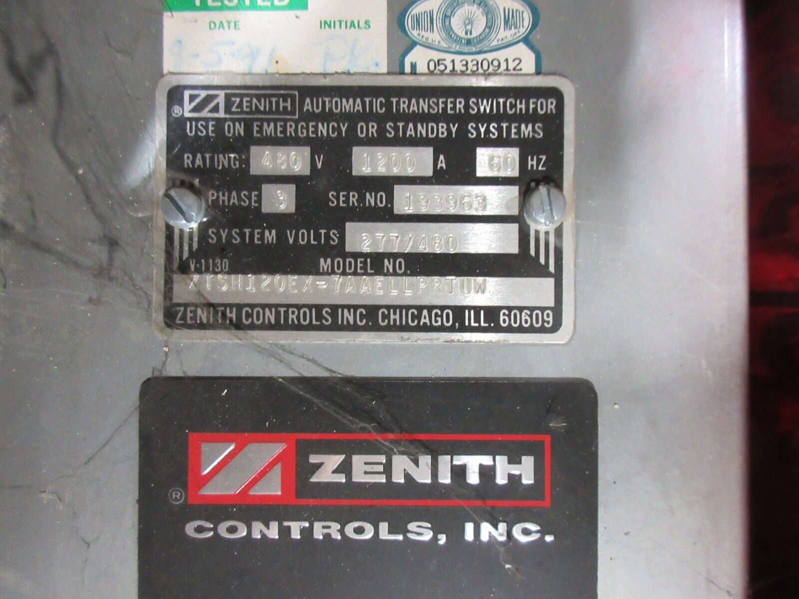 Zenith Automatic Transfer Switch ZTSH120EX-7AAELLPRTUW 1200A 480V 60Hz 3PH Used