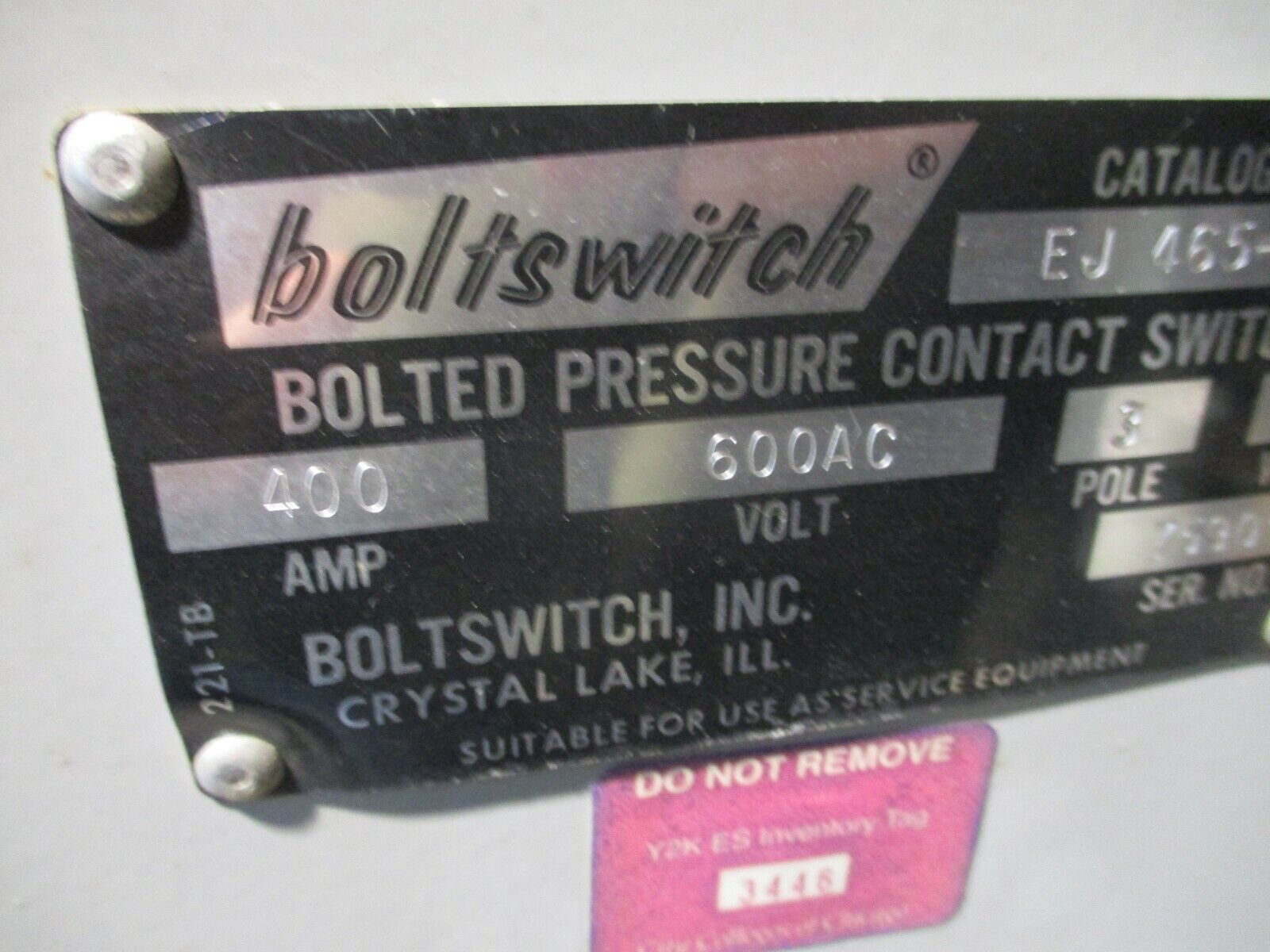 Boltswitch Enclosed Bolted Pressure Contact Switch EJ 465-N 400A 600V 3P 4W Used