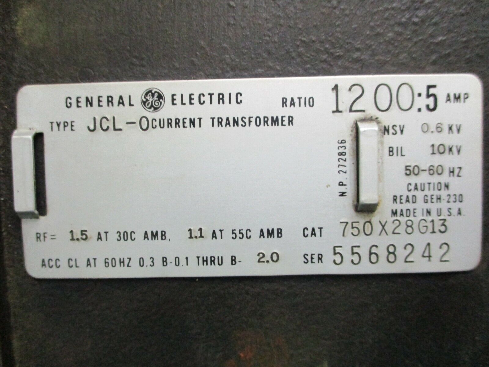 GE Current Transformer 750X28G13 Type:JCL-0 Ratio 1200:5 10KV BIL 50-60Hz Used