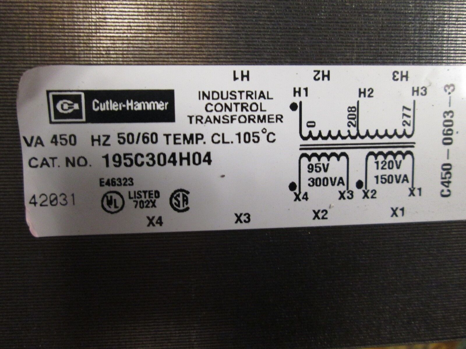 Cutler-Hammer Control Transformer 195C304H04 450VA Pri 0/208/277V Sec 95/120V