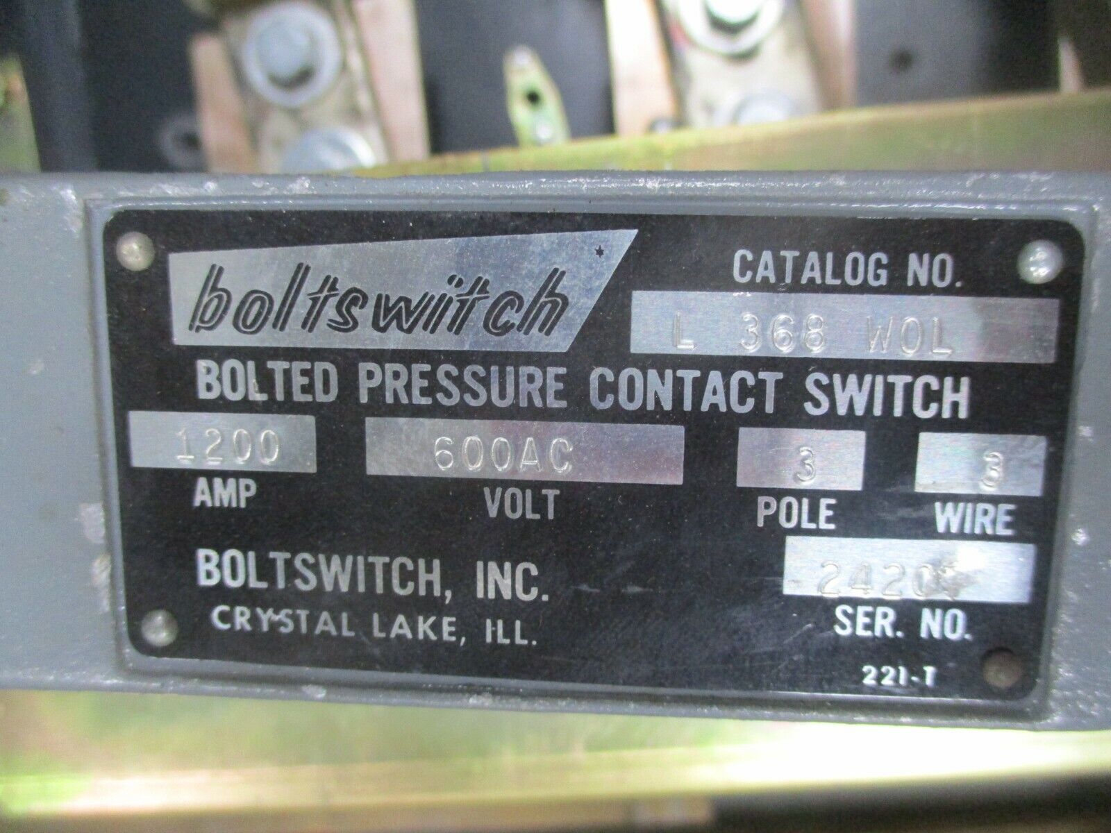 Boltswitch Bolted Pressure Contact Switch L 368 WOL 1200A 600V 3P 3W 1200A Fuses