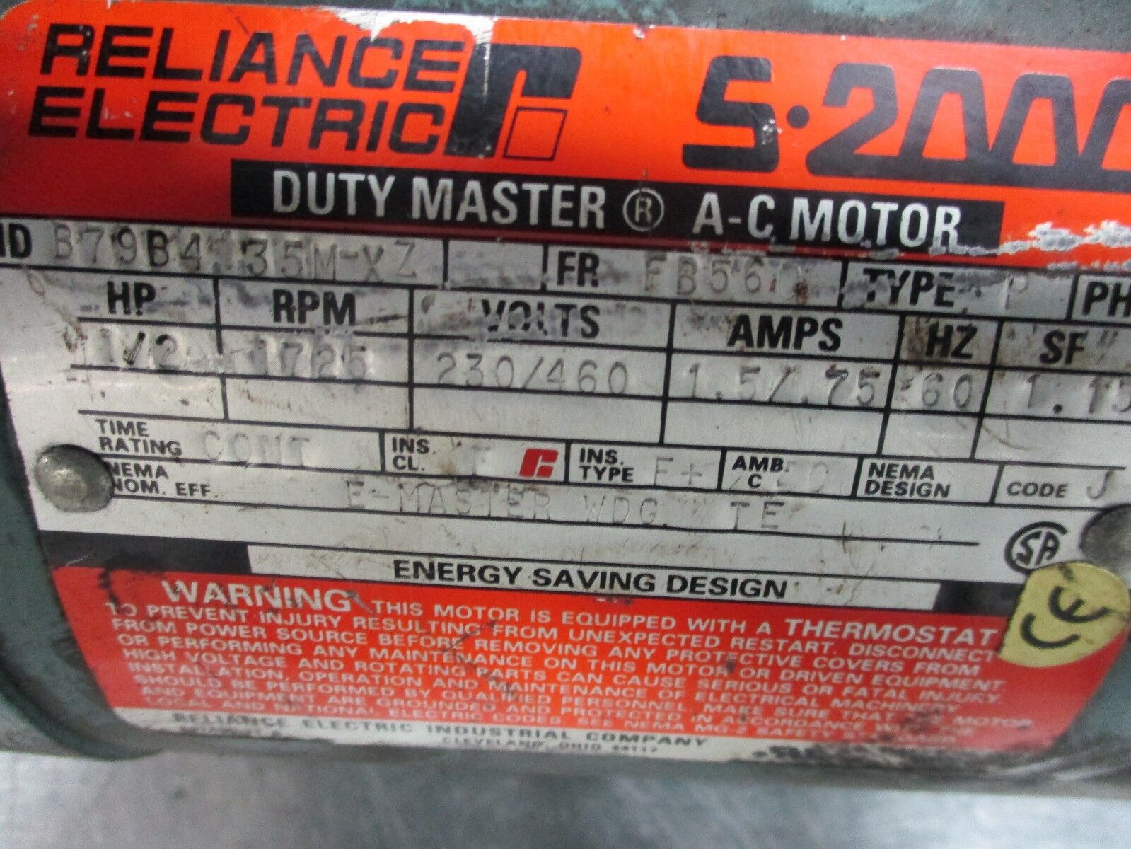 Reliance Duty Master AC Motor B79B4135M-XZ 1/2HP 1800RPM FR:FB56C 230/460V Used