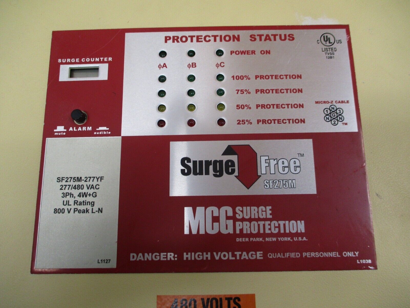 MCG Surge Protective Device SF275M-277YF 277/480V 3Ph 4W+G Rating: 800V L-N Used