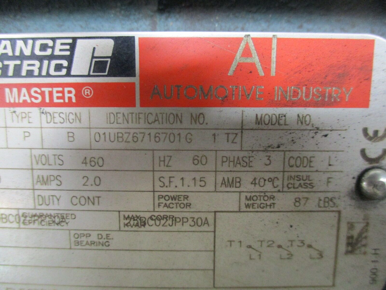 Reliance AI Duty Master AC Motor 01UBZ6716701G 1 TZ 1.5HP 1800RPM 460V 2A Used