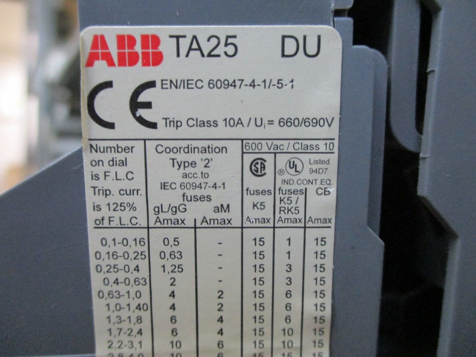 ABB Overload Relay TA25 DU 10-14A 600V 3P Used