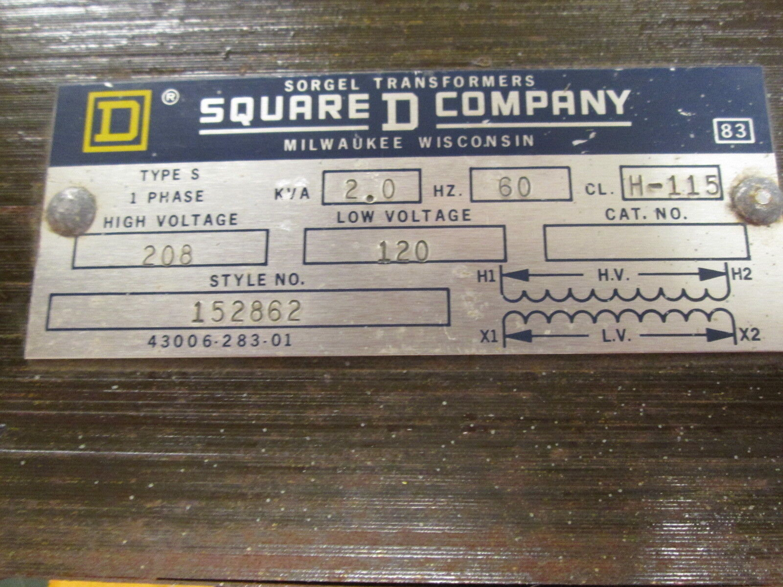 Square D Transformer 152862 2.0KVA Pri: 208V Sec: 120V Used