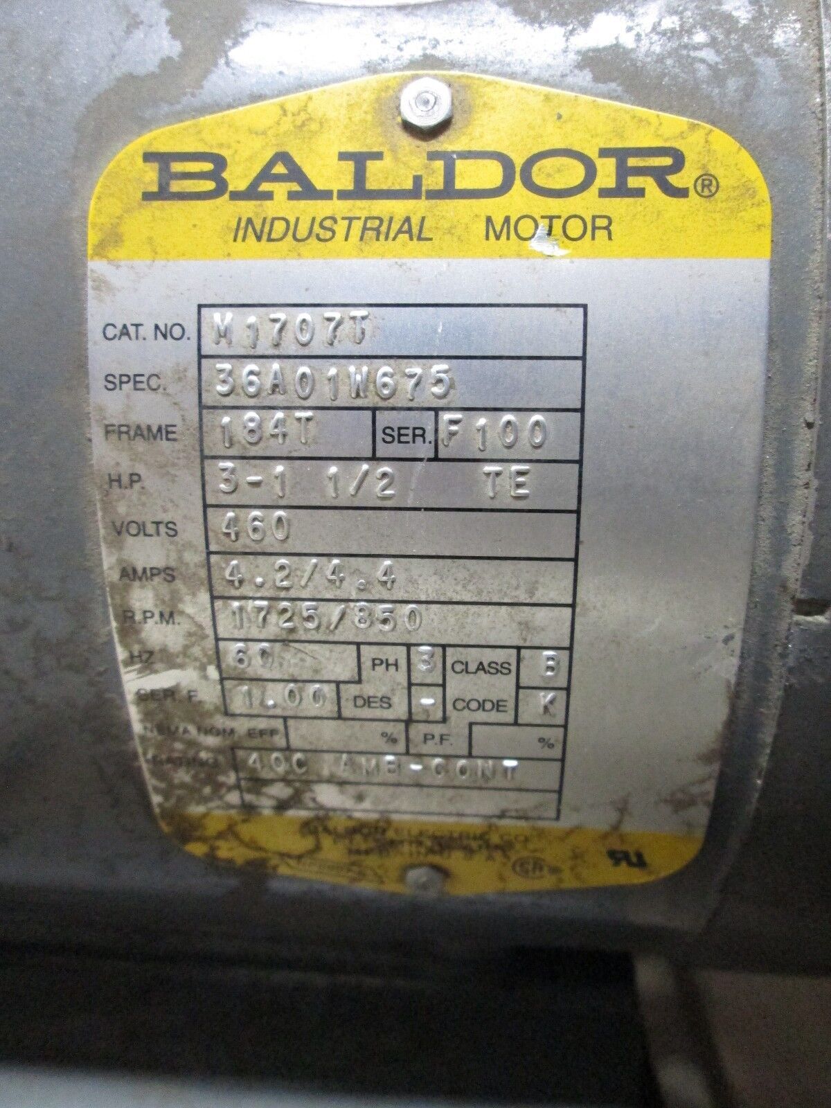 Baldor AC Drive M1707T 3 - 1-1/2 HP 1725/850RPM 460V 4.2/4.4A 184T Frame Used