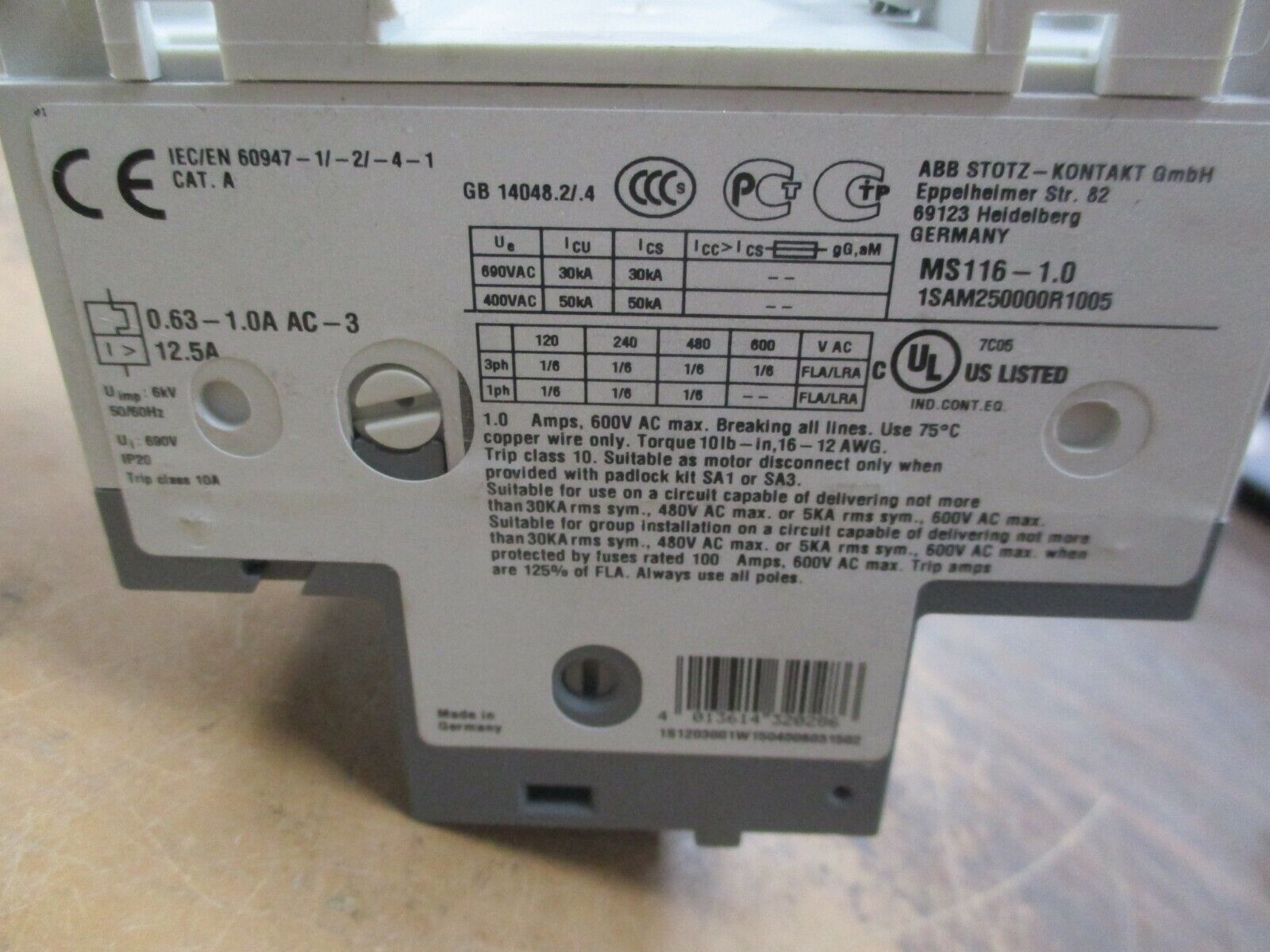 ABB Motor Protector MS116-1.0 Trip: 0.63-1.0A 600V Used