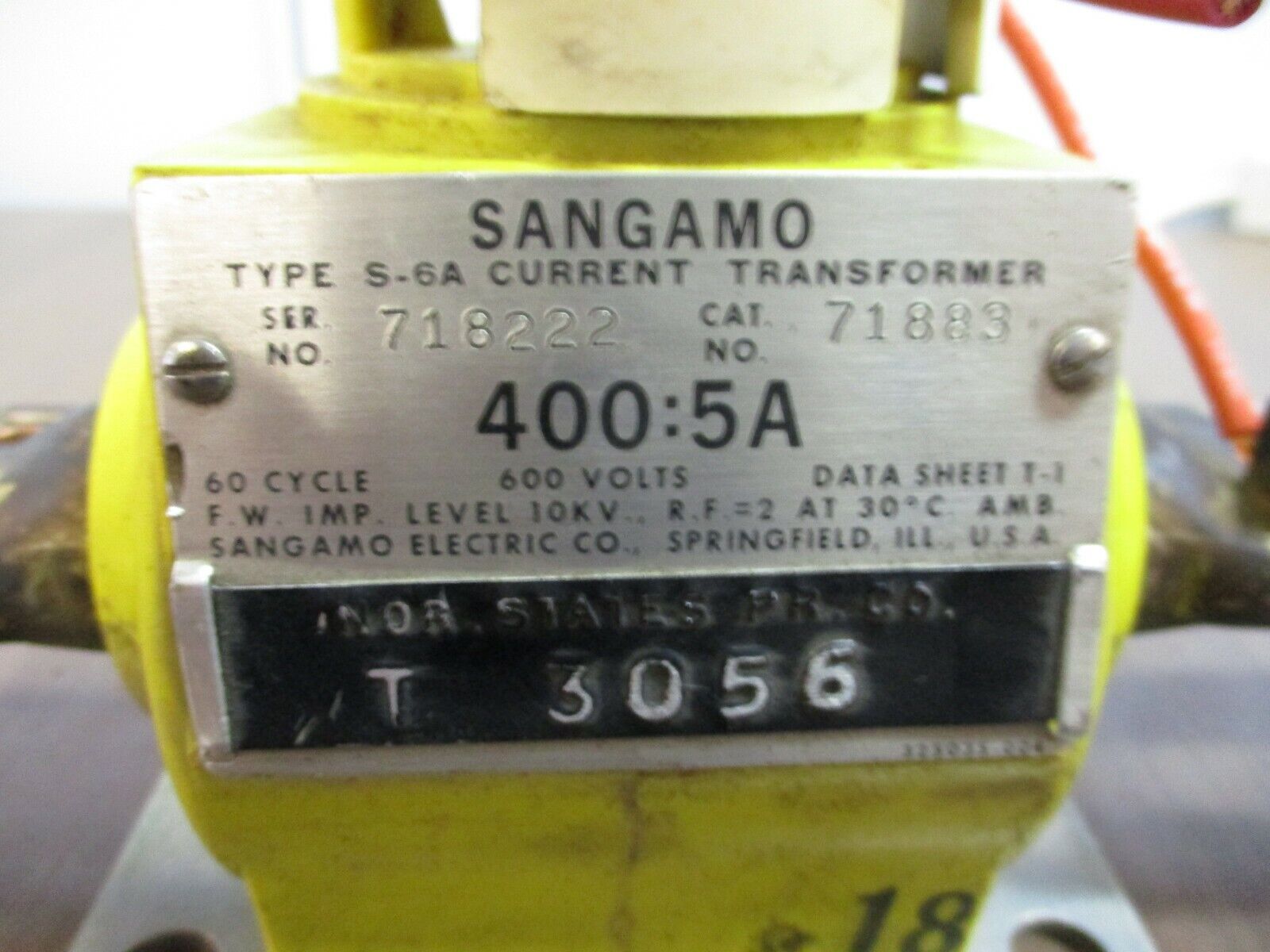 Sangamo Type S-6A Current Transformer 71883 Ratio 400:5A 600V 60Hz Used