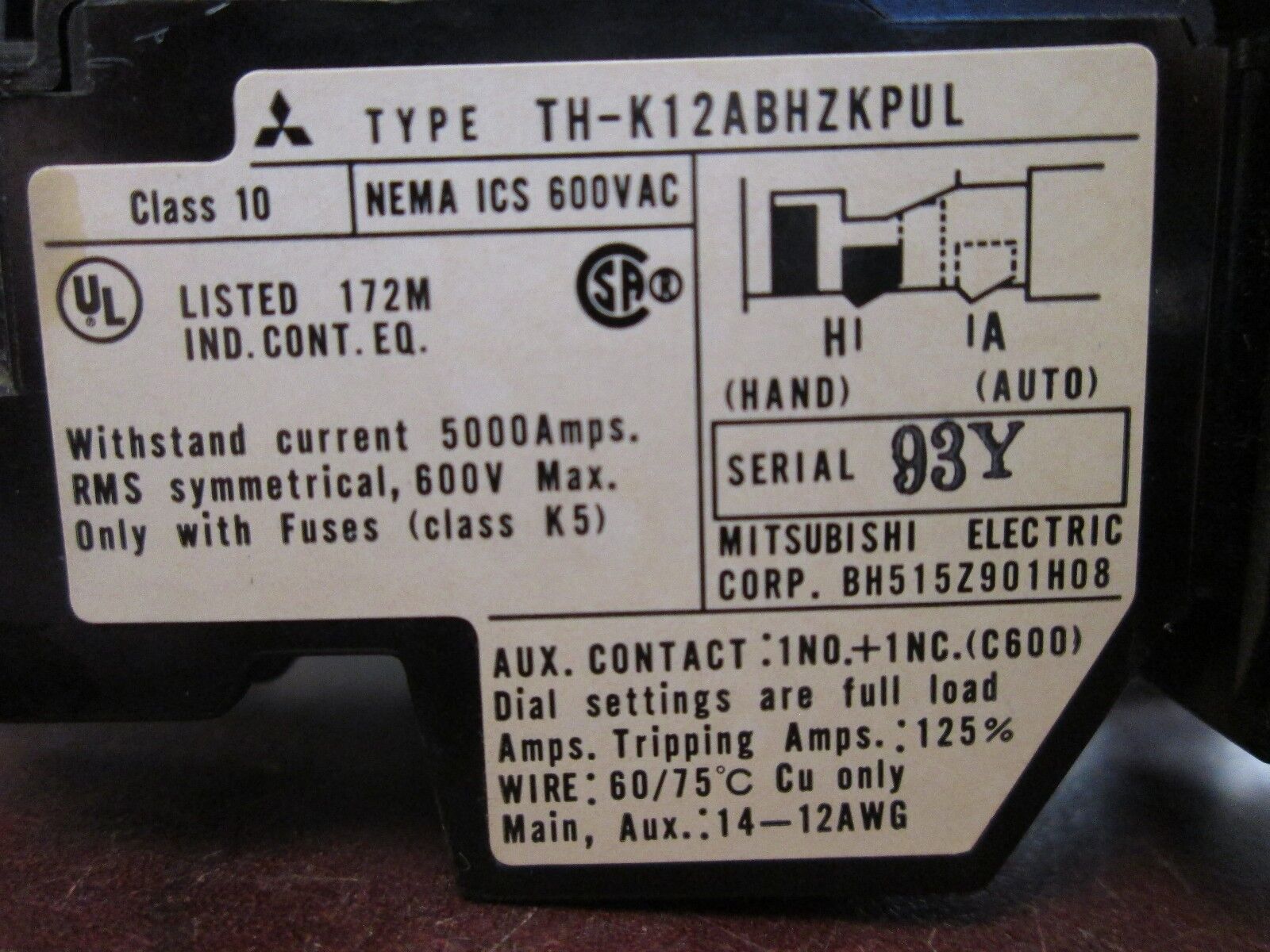 Mitsubishi Solid State Overload TH-K12ABHZKPUL Range: 5.2-8A Used