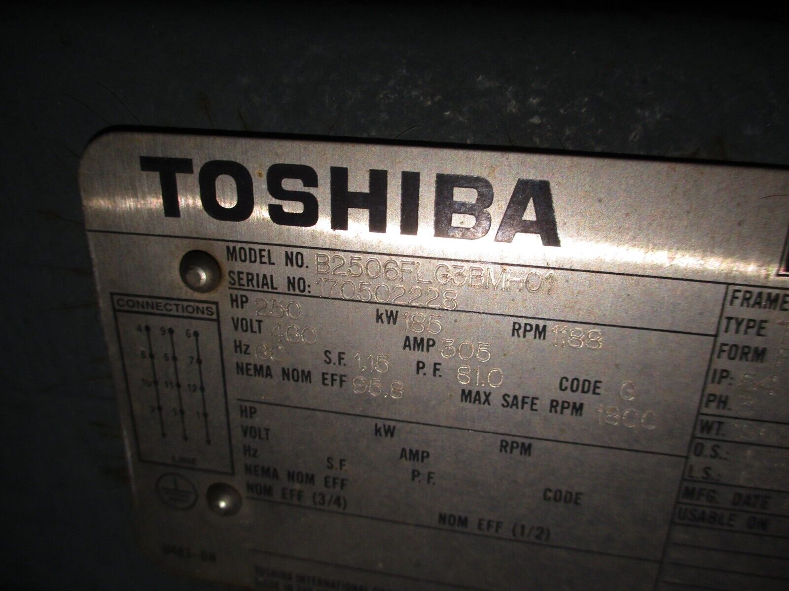 Toshiba EQP Severe Duty AC Motor B2506FLG3BMH01 250HP 1200RPM 460V 305A 60Hz