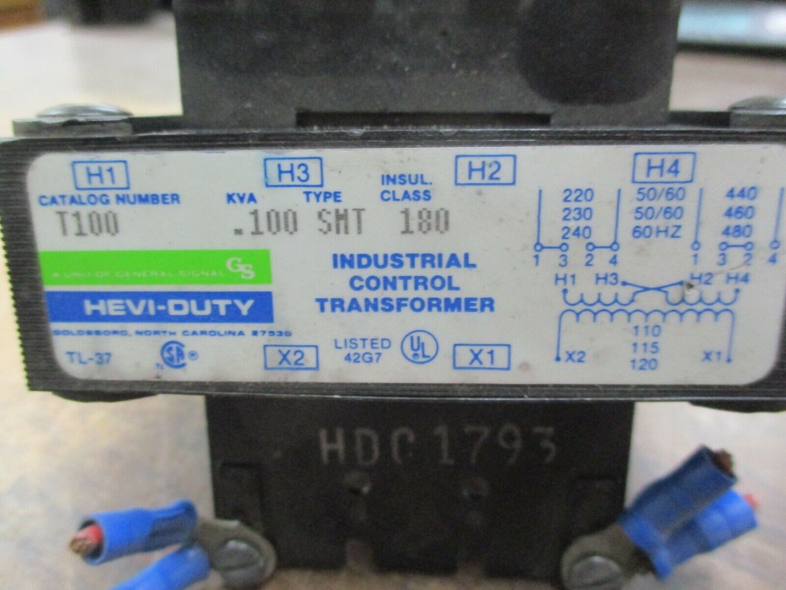 Hevi-Duty Type SMT Control Transformer T100 0.100KVA Pri:240/480V Sec:120V Used