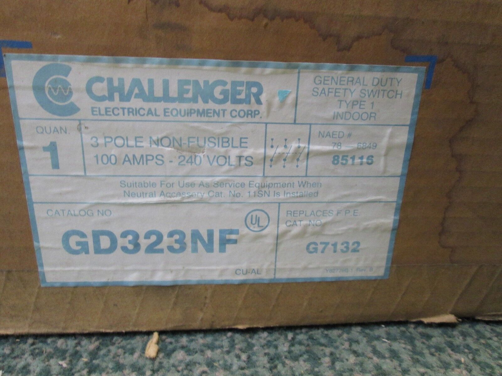 Challenger Non-fusible Safety Switch GD323NF 100A 240V 3P New Surplus