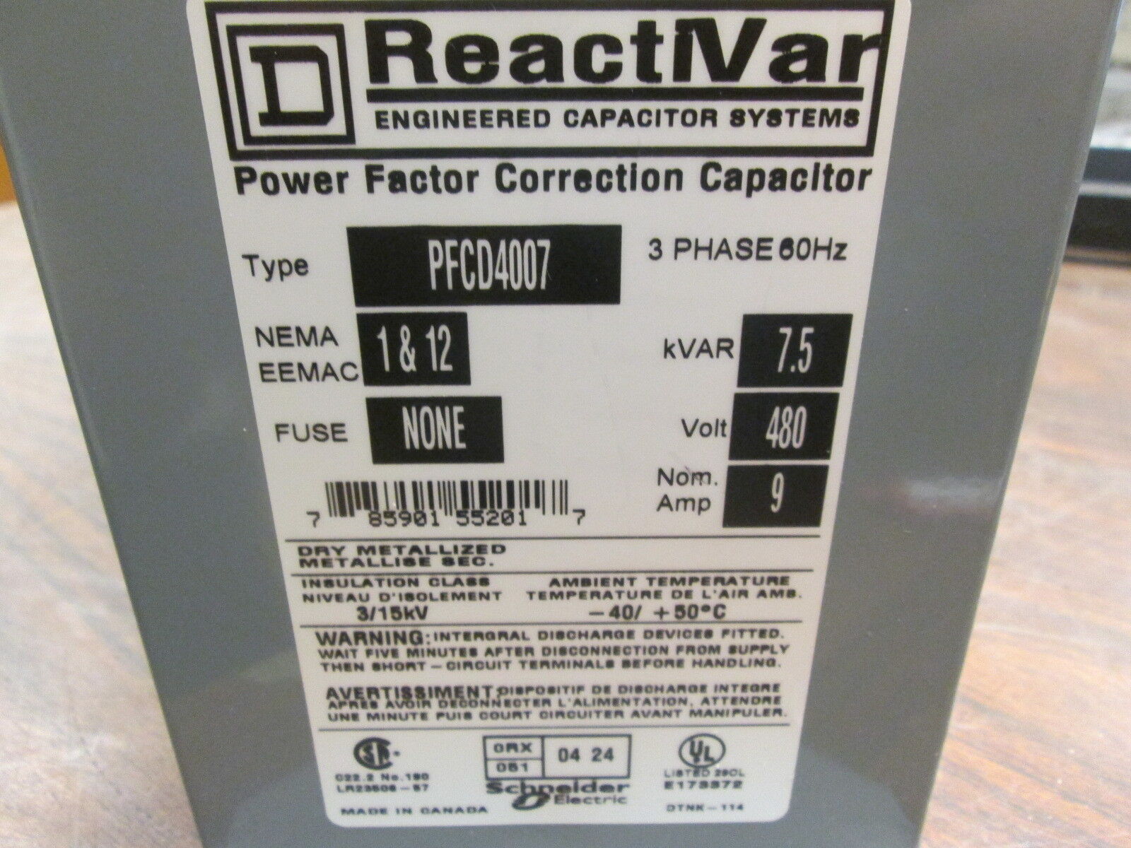 Square D React: Var Capacitor PFCD4007 7.5KVAR 480V 3Ph 60Hz Used