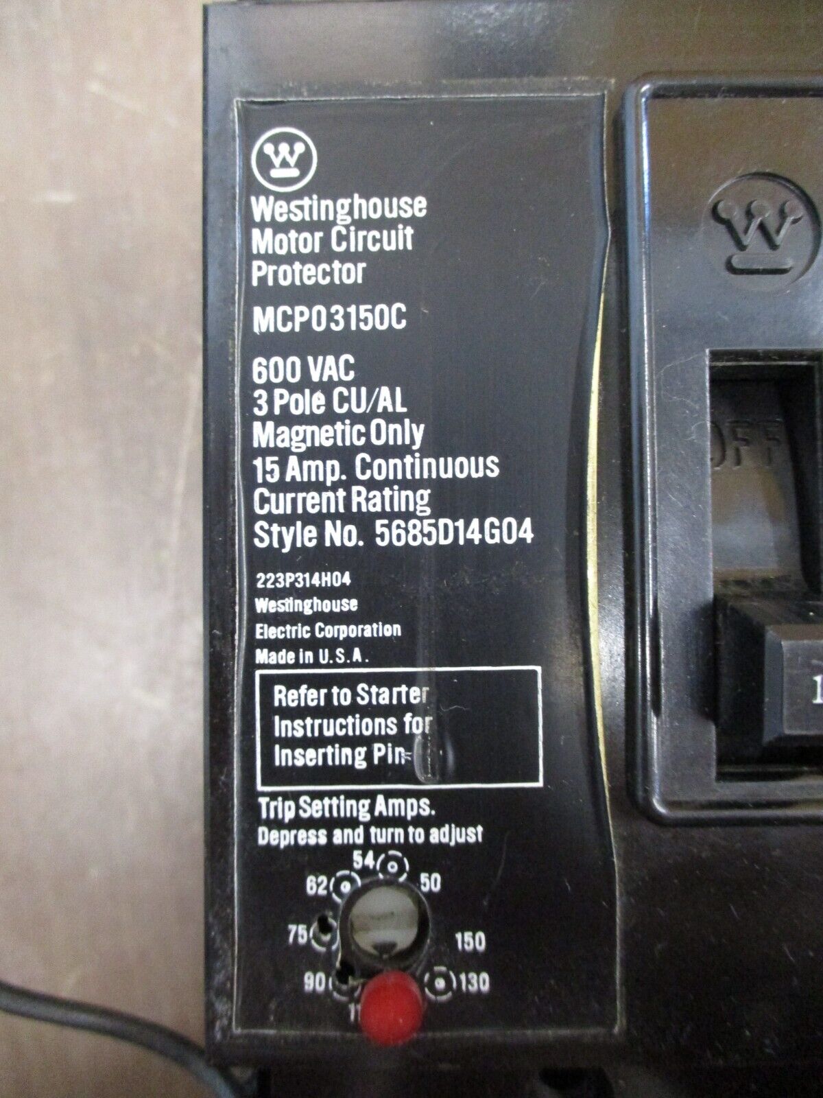 Westinghouse Motor Protector Circuit Breaker MCP03150C 15A Trip: 50-150A 600V 3P